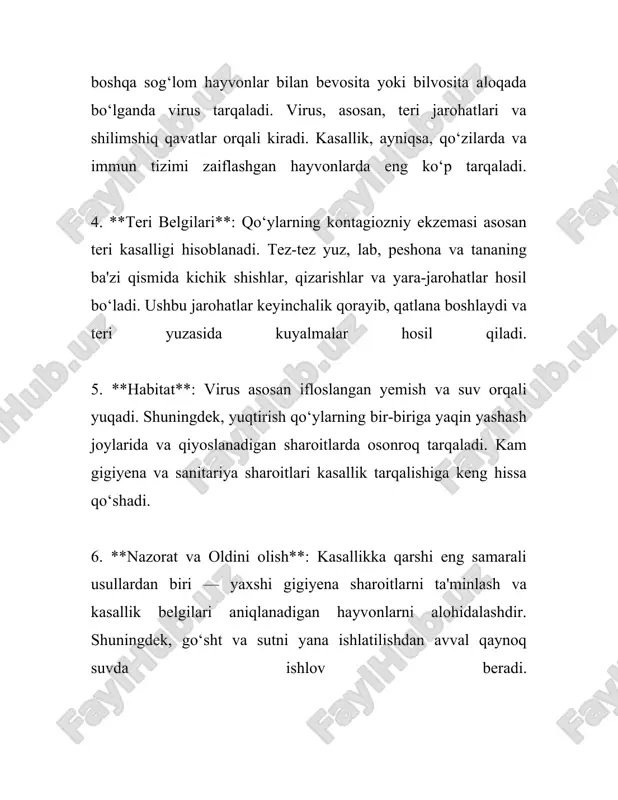 kunalar dezinfektsiyalanishi lozim. shuningdek, kasallik o’tkir jarayonga kirgan hayvonlar ajratilishi, va ularning yaralari ehtiyotkorlik bilan baxilanishi kerak. havfsizlik choralariga qaramay, bu kasallik bilan yuzaga keladigan xavf musulmon ekspertlaridan himoyalanishda davom etgani holda, himoya choraliralarining sifatini oshirish zaruratlidir. profilaktika choralari ixtiyor etilishida vaksina eng muhim vosita sifatida qabul qilingan, va vaksinatsiya ko’plab hududlarda qo’llanilmoqda. lekin, vaksina faqatgina kasallikni oldini oluvchi chora sifatida qabul qilinishi kerak, va boshqa himoya choralarilar juda muhim. 3. qo’ylarning kontagiozli ekzema diagnostikasi qo'ylarning kontagiozli ekzema diagnostikasi haqida ma'lumot qo'ylarning kontagiozli ekzema - bu virusli yuqumli kasallik bo'lib, butun dunyo bo'ylab qo'ylar orasida uchraydi. kasallik poxviruslar oilasiga mansub viruslar sabab bo'ladi, va u teri va shilliq pardalarda jarohatlarning paydo bo'lishiga olib keladi. bu kasallikning diagnosini qo'yishda bir nechta omillarni hisobga olish kerak. birinchi navbatda, klinik belgilarga asoslangan baholash amalga oshiriladi. kasallangan qo'ylar odatda lablar, og'iz, burni va oyoqning yuzalarida yaralar yoki tuberkkalarni namoyon qiladilar. bu jarohatlar dastlab besh …