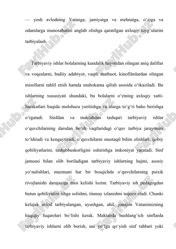 rining shakllanib borishi bilan o‘qituvchi-tarbiyachining bolalar jamoasiga rahbarlik qilishidagi jarayonini o‘zgartirib boradi. o‘qituvchi boshlang‘ich sinflardayoq ahil bolalar jamoasini yaratish asosida sog‘lom jamoatchilik fikrini yaratadi. boshlang‘ich sinf o‘qituvchilarining bolalar tarbiyaviy jamoasini yaratish sohasidagi ishini yuqori sinflarning sinf rahbarlari davom ettiradilar. boshlang‘ich sinf o‘qituvchisi o‘quvchilarni ta’lim va tarbiyaning tabiiy sharoitida, ularning jamoa faoliyati jarayonida o‘rganadilar. sinfdan tashqari ish o‘quvchilarga biror maqsadga qaratilgan pedagogik ta’sir vaqtini uzaytiradi, u o‘qituvchining darslarda egallagan bilimlarini kengaytirish va chuqurlashtirish, bolalarning qobilyatini rivojlantirish, ularning xilma-xil qiziqishlarini qondirish, madaniy dam olishlarini uyushtirish imkonini beradi. sinfdan tashqari ish bolalarni jamiyat hayotiga jalb qilishning katta imkoniyatlariga ega. har bir jamoa o‘z-o‘zini boshqarish organiga ega va umummilliy jamoaning uzviy qismi sanaladi. shuningdek, u maqsadning birligi va tashkil qilish xususiyatlari orqali umummilliy jamoa bilan bog‘lanadi. ijtimoiy jamiyatning ehtiyojini qondirishga yo‘naltirilgan birgalikdagi faoliyat jamoaning navbatdagi muhim xususiyatlaridir. jamoa faoliyatining ijtimoiy-g‘oyaviy yo‘nalishi ham jamoaning faoliyati mazmunida o‘z aksini topishi muhim ahamiyatga ega. bolalar jamoasi rivojlanishi …