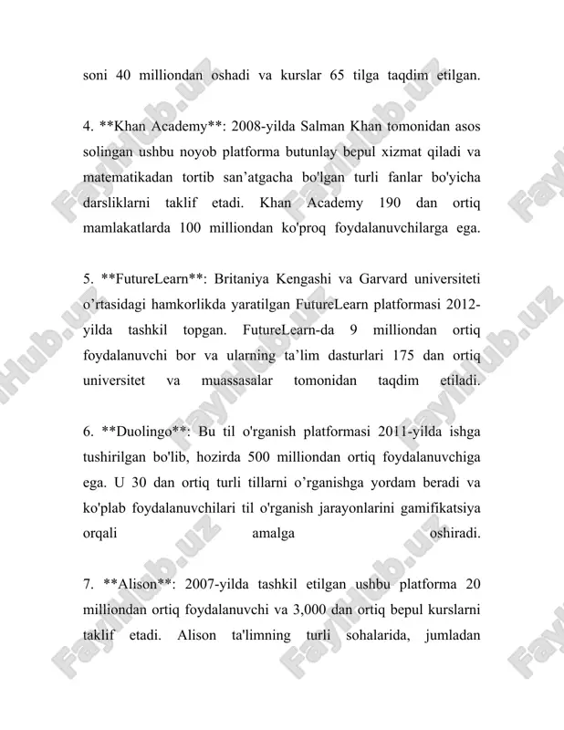 i qayerda va qachon dars berishni o'zlari belgilash imkoniyatiga ega bo'ladilar. bu esa ular uchun qulay sharoit yaratadi. onlayn ta'limning afzalliklari ko'pligiga qaramasdan, ba'zi cheklovlariga ham duch kelinadi. internet tarmog'i bilan bog'liq muammolar, texnik nosozliklar, va virtual hamkorlikdagi qiyinchiliklar shular jumlasidandir. harvard universitetining 2021-yilgi tadqiqotiga ko'ra, talabalarning 68 foizi onlayn ta'limda o'z-o'zini motivatsiya qilishda qiyinchiliklarga duch kelishlarini bildirgan. aksariyat mamlakatlarda onlayn ta'lim sifatini oshirish uchun davlat va xususiy sektor o'rtasida hamkorlik qilib, infratuzilmalarni rivojlantirish, mualliflik huquqlarini himoya qilish va texnologik innovatsiyalarni joriy etishga qaratilgan loyihalar amalga oshirilmoqda. masalan, xitoy 2022-yilda onlayn ta'lim texnologiyalariga 15 milliard aqsh dollaridan ko'proq investitsiya kiritgan. o‘zbekistonning onlayn ta'lim sohasida amalga oshirayotgan ishlariga to‘xtaladigan bo‘lsak, mamlakatda “o‘quv tv” telekanali orqali darslar tashkil etilishi, “ziyonet” ta’lim portali orqali onlayn resurslarning taqdim etilishi kabilar kuzatilmoqda. 2020-yilda o‘zbekiston hukumati masofaviy ta'lim infratuzilmasini yaxshilashga alohida e'tibor qaratgan va natijada 5 mingdan ortiq maktabda onlayn darslar tashkil etilgan. yakunida, onlayn dars …