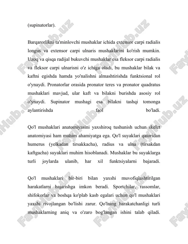 i yaxshilash va tananing qo'shimcha barqarorligini ta’minlashdir. umuman olganda, oyoq mushaklari harakatning har bir bosqichida muhim rol o'ynaydi va sog'lom hayot tarzini ta'minlashga yordam beradi. ularning funksionalligi tananing ustki qismlari bilan ham kelishilgan bo'lib, ularsiz harakatlanish imkoniyati ancha cheklanadi. mushaklarning maxsus mashqlar yoki jismoniy faoliyat orqali rivojlanishi ularning quvvatini oshirishga va charchashni kamaytirishga yordam beradi. shu sababli, oyoq mushaklarining funktsiyasi nafaqat jismoniy faoliyatda, balki kundalik hayotda ham katta ahamiyatga ega. 3. qo'l mushaklarini kuchaytirish mashqlari 3. qo'l mushaklarini kuchaytirish mashqlari qo'l mushaklarini kuchaytirish uchun turli xil mashqlar mavjud. bu mashqlar qo'l va yuqori tana mushaklarini rivojlantirish, kuch, chidamlilik va shakllantirish uchun xizmat qiladi. quyida ba'zi asosiy mashqlar va ularning bajarilishi haqida ma'lumot beriladi. 1. **push-up (o'rin bosish)** push-up — bu qo'l, ko'krak, yelka va abs mushaklarini rivojlantirish uchun juda samarali mashq. yerdan orqa bilan tekis turishingiz kerak, qo'llar yelka kengligida joylashtiriladi, keyin tanani pastga tushirib, qayta ko'tariladi. push-up qanchalik chuqur …