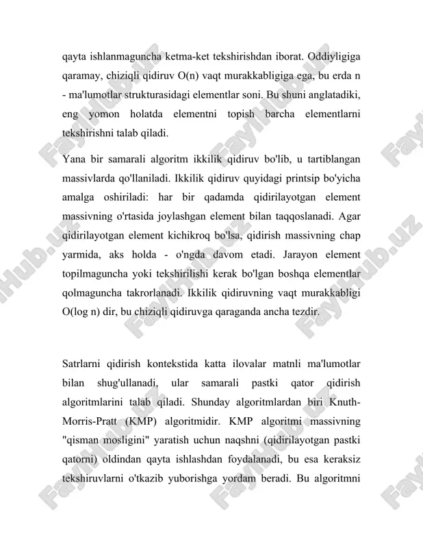 3. **logarifmik murakkablik \( o(\log n) \):** bajarilish vaqti logarifmik ravishda ortadi. misol: ikkilik qidiruv. 4. **chiziqli-logarifmik murakkablik \( o(n \log n) \):** misol: birlashtirish va tez tartiblash. 5. **eksponensial murakkablik \( o(2^n) \):** bajarish vaqti kiritilgan ma’lumotlarning o‘lchami bilan eksponent ravishda ortib boruvchi algoritmlar. misol: barcha quyi tarmoqlarni sanash algoritmi. #### fazoviy murakkablik kosmik murakkablik algoritmga kirish ma'lumotlarining hajmiga qarab vazifani bajarish uchun qancha xotira kerakligini ko'rsatadi. bu quyidagilarga bog'liq bo'lishi mumkin: - ** qarshilik qiluvchi xotira: ** kirish ma'lumotlarining hajmidan qat'i nazar, xotira band bo'ladi. - **bog'liq xotira:** kirish ma'lumotlarining hajmiga bevosita bog'liq bo'lgan xotira. misollar: ikki tartibli massivni birlashtirish uchun odatda ularning umumiy hajmiga mutanosib qo'shimcha xotira kerak \(o(n+m)\). #### amaliy samaradorlik amaliy samaradorlik quyidagi omillar tufayli nazariy samaradorlikdan farq qilishi mumkin: - **protsessor optimallashtirish** va **keshdan foydalanish:** ba'zi algoritmlar keshdan samarali foydalanadi, bu esa ularning bajarilishini tezlashtiradi. - **paralellik:** ko'p bosqichli hisoblash uchun optimallashtirilgan algoritmlar ko'p …