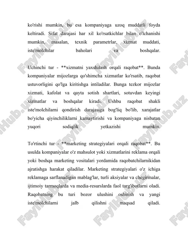 ompaniyalar narxlarni bir-biriga moslashishi mumkin, raqobat narxidan chetga chiqish kamroq sodir bo'ladi. 3. **misollar:** dunyo avtosanoati, masalan, ford, toyota, va volkswagen, yoki texnologik gigantlar, masalan, apple, google va amazon, tipik oligopoliya misollari. 4. **statistik belgilar:** - yevropa avtomobil sanoatida ustunlik qiluvchi 5 yirik kompaniya butun bozordan 80% ulushni egallaydi. - oligopoliyalik bozorlarda narxlar o'zgarishi odatda 5-10% oralig'ida bo'ladi. bu ikki tushunchaning iqtisodiy ahamiyati katta. monopoliyalarda yirik kompaniyalar ko'pincha innovatsiyalarni rag'batlantirish imkoniyatigа ega bo'lish imkoniyatiga ega bo'lsalar ham, ular bilan bog'liq bo'lgan iste'molchilar uchun yuqori narxlar va chegaralangan tanlov muammolar ko'tarishi mumkin. oligopoliyalar esa raqobatni saqlanishini ta'minlasa-da, ba'zan narx kelishuvlarini (kartel kelishuvlarini) va bozor hukmronligini qo'llab-quvvatlashi mumkin. shu sababli, hukumatlar va tartibga soluvchi organlar monopoliya va oligopoliyalarni boshqarish va nazorat qilish, iste'molchilar manfaatlari himoyalanishini ta'minlash uchun muhim rol o'ynaydi. 3. erkin bozor raqobati erkin bozor raqobati — bu bozor iqtisodiyotining asosiy tamoyillaridan biri bo‘lib, u bozordagi turli ishtirokchilar o‘rtasida tovar va …