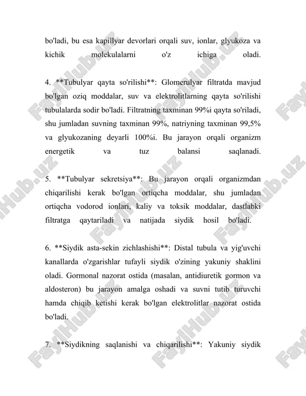 funktsiyasini bajaradi. 8. **gormonal ishlab chiqarish**: buyraklar qizil qon hujayralarining ishlab chiqishini stimulatsiya qilish uchun eritropoetin gormonini ishlab chiqaradi. bu gormon suyak iligida qizil qon hujayralarini ishlab chiqarishni oshiradi, bu esa organizmni kislorod bilan ta'minlash imkonini beradi. 9. **d vitamin sintezida ishtirok etish**: buyraklar d vitaminini faollashtiradi, bu esa kaltsiy va fosfatlarning organizmda so‘rilishini yaxshilaydi. bu yondashuv suyak sog‘lomligini ta'minlash uchun o‘ta muhimdir. bu funktsiyalar orqali buyraklar inson organizmini muvozanatda saqlashda g‘oyat muhim rol o‘ynaydi. shu sababli, buynganak kasalliklari va ularning normal ishlashidagi buzilishlar inson salomatligi uchun jiddiy xavf tug‘dirishi mumkin, va ularni profilaktik ko‘rikdan o‘tkazish muhim hisoblanadi. 3. siydik miqdorini boshqarish siydik miqdorini boshqarish haqida ma'lumot berishda urinib ko'raman. siydik miqdorini boshqarishga turli omillar ta'sir ko'rsatadi. inson organizmi kun davomida o'rtacha 1,5-2 litr siydik chiqaradi. bu miqdor insonning yoshiga, jinsiga, hayoti tarziga va suyuqlik iste'moli darajasiga qarab o'zgarishi mumkin. sanoa'atchilar tomonidan belgilangan suyuqlik iste'mol qilish miqdori kuniga kamida 2-3 …