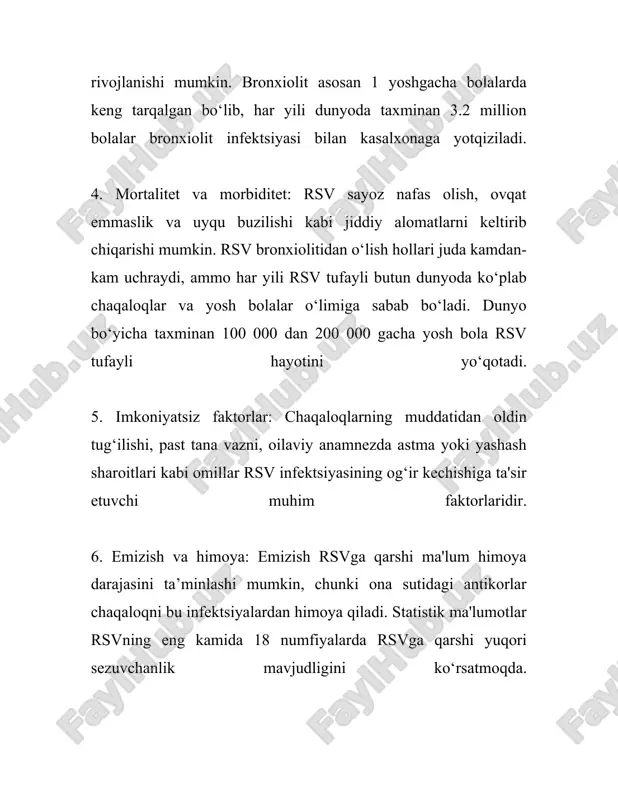 s yo‘llariga ta'sir qiladi, va bu balg‘am ajratilishiga olib kelishi mumkin, bu esa nafas olishni yanada qiyinlashtiradi. 9. **gavda tusi o‘zgarishi**: og‘ir hollarda, ayniqsa kislorod yetishmovchiligi tufayli teri, lablar yoki tirnoqlar ko‘karishi mumkin. bu tez tibbiy aralashuv talab qiladigan jiddiy alomatdir. 10. **dastlabki belgilar sezilarli bo‘lmasligi mumkin**: olti oygacha bo‘lgan chaqaloqlarda rsv infeksiyasining dastlabki belgilarini aniqlash qiyin bo‘lishi mumkin. ko‘pincha, faqat ingichka respirator bezovtalik belgilari paydo bo‘ladi. rsv infeksiyasi alomatlari noto‘g‘ri tan olinishi mumkin, chunki ular umumiy shamollash alomatlariga juda o‘xshashdir. shu sababli, agar chaqalog‘ingizda yuqoridagi kabi alomatlar kuzatilsa, shifokorga murojaat qilish muhimdir. harorat qanchalik ko‘tarilishi, nafas olish qanchalik qiyin bo‘lishi, ovqatlanishdagi qiyinchiliklar va umumiy ahvoliga qarab, yetarli davolanish kerak bo‘lishi mumkin. 3. rsvga qarshi emlash imkoniyatlari respirator sinsitial virus (rsv) - yangi tug'ilgan chaqaloqlar va yosh bolalar orasida keng tarqalgan infektsion kasallik sababchilaridan biri hisoblanadi. bir necha yil davomida bu virusga qarshi emlash imkoniyatlarini yaratish tadqiqotlari olib borildi. quyidagi …