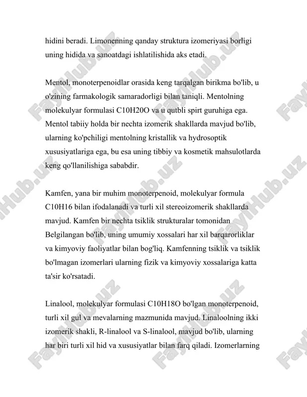 larda ishtirok etayotgan hosil bo'lish mexanizmlaridir. isoprenoid biyosynthesis jarayonida xuddi ikkita izopren birikmasining yig'ilishi orqali hosil bo'lishi namunaviydir. bu jarayon o'z ichiga isopentenyil pirofosfat (ipp) va dimetilallil pirofosfat (dmapp) ni oladi, bu ikkala moddalar geranil pirofosfatga (gpp) birlashadi va monoterpenoid molekulasini hosil qiladi. ko'plab atsiklik monoterpenoidlar o'simliklarda himoya vazifasini bajara oladi, shu bilan birga hasharotlar va boshqa o'simlik ovqatlanuvchilariga qarshi chidamli vosita sifatida xizmat qiladi. shuningdek, ular opilqorlangan o'simliklar va arilar o'rtasidagi ekosistem aloqalarida ham muhim rol o'ynaydi. shu bilan birga, atsiklik va alifatik monoterpenoidlarning kimyoviy o'zgarishlari ham ilmiy tadqiqotlar uchun katta qiziqishga ega. ularning atrof-muhit bilan o'zaro ta'siri, o'simliklar biologiyasidagi roli va turli xil kimyoviy o'zgarishlarga bo'lgan qobiliyati ularni ekologiya va biokimyo sohasida muhim ob'ekt sifatida ko'rsatadi. ularning sanoatdagi qo'llanilishi esa farmatsevtika va kosmetika kabi sohalarda yangi istiqbollarni ochadi. 3. dorivor o'simliklarning farmakologik xususiyatlari dorivor o‘simliklar inson salomatligi uchun ko‘p asrlar mobaynida asosiy manba bo‘lib kelgan. ular tabiiy va …