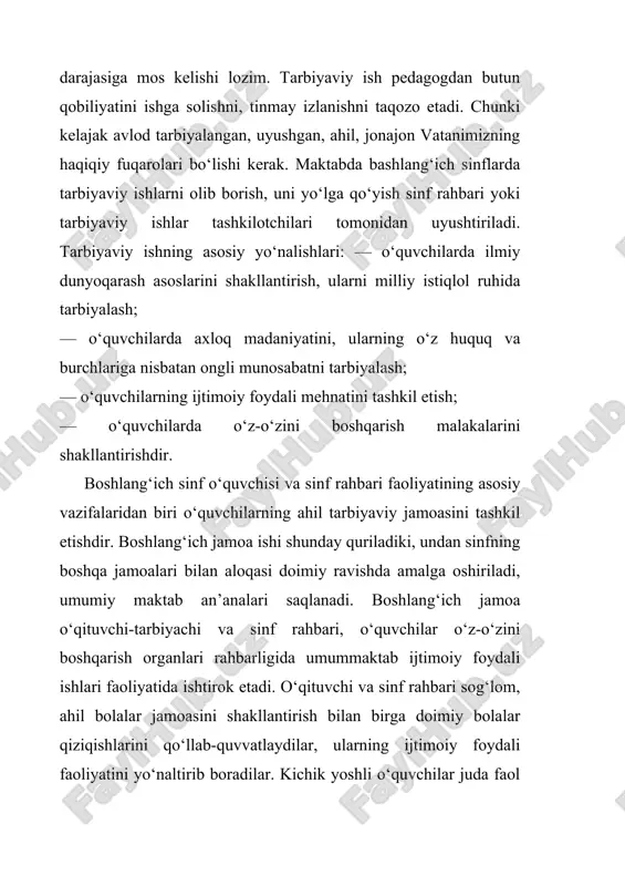 larining shakllanib borishi bilan o‘qituvchi-tarbiyachining bolalar jamoasiga rahbarlik qilishidagi jarayonini o‘zgartirib boradi. o‘qituvchi boshlang‘ich sinflardayoq ahil bolalar jamoasini yaratish asosida sog‘lom jamoatchilik fikrini yaratadi. boshlang‘ich sinf o‘qituvchilarining bolalar tarbiyaviy jamoasini yaratish sohasidagi ishini yuqori sinflarning sinf rahbarlari davom ettiradilar. boshlang‘ich sinf o‘qituvchisi o‘quvchilarni ta’lim va tarbiyaning tabiiy sharoitida, ularning jamoa faoliyati jarayonida o‘rganadilar. sinfdan tashqari ish o‘quvchilarga biror maqsadga qaratilgan pedagogik ta’sir vaqtini uzaytiradi, u o‘qituvchining darslarda egallagan bilimlarini kengaytirish va chuqurlashtirish, bolalarning qobilyatini rivojlantirish, ularning xilma-xil qiziqishlarini qondirish, madaniy dam olishlarini uyushtirish imkonini beradi. sinfdan tashqari ish bolalarni jamiyat hayotiga jalb qilishning katta imkoniyatlariga ega. har bir jamoa o‘z-o‘zini boshqarish organiga ega va umummilliy jamoaning uzviy qismi sanaladi. shuningdek, u maqsadning birligi va tashkil qilish xususiyatlari orqali umummilliy jamoa bilan bog‘lanadi. ijtimoiy jamiyatning ehtiyojini qondirishga yo‘naltirilgan birgalikdagi faoliyat jamoaning navbatdagi muhim xususiyatlaridir. jamoa faoliyatining ijtimoiy-g‘oyaviy yo‘nalishi ham jamoaning faoliyati mazmunida o‘z aksini topishi muhim ahamiyatga ega. bolalar jamoasi rivojlanishi …