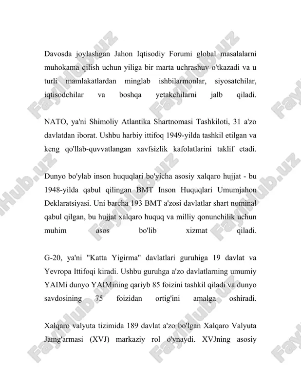 ivojlanganligini ko‘rsatadi. #### 5. xalqaro tashkilotlarda ishtirok o‘zbekiston bmt, yevraziya iqtisodiy hamjamiyati (yih), islom hamkorlik tashkiloti (oic) kabi ko‘plab xalqaro tashkilotlarda a'zo bo‘lib, u faqat mintaqaviy emas, balki global miqyosda ham o‘z o‘rnini mustahkamlashga intiladi. dunyo miqyosida yevropa ittifoqi a'zo davlatlarning iqtisodiy va siyosiy hamkorligini mustahkamlashda yetakchi o‘rin tutadi, it ga a'zo mamlakatlar soni 2023 yil holatiga ko‘ra 27 ta bo‘lgan. #### 6. raqamli diplomatiya so‘nggi yillarda raqamli diplomatiya tobora muhim ahamiyat kasb etib, davlatlar o‘rtasidagi aloqalarni zamonaviy texnologiyalar vositasida olib borilmoqda. raqamli platformalar orqali diplomatik muloqotni kuchaytirish va madaniy almashinuvlar bu sohadagi asosiy yo‘nalishlardan biri hisoblanadi. o‘zbekistonning 2022 yil holatiga ko‘ra, bmt vazirliklari bilan raqamli diplomatiyani rivojlantirish bo‘yicha ko‘plab loyihalari mavjud bo‘lgan, bu muzokaralar va aloqalarni samarali o‘tkazishga yordam beradi. bu ma’lumotlar davlatlarning xalqaro aloqalarni qanday rivojlantirayotganini va ular orqali qaysi sohalarda muvaffaqiyatga erishayotganini ko‘rsatadi. diplomatik aloqalar global tinchlikni saqlash, ijtimoiy-iqtisodiy o‘sishni rag‘batlantirish va davlatlar o‘rtasidagi do‘stona munosabatlarni rivojlantirishda …