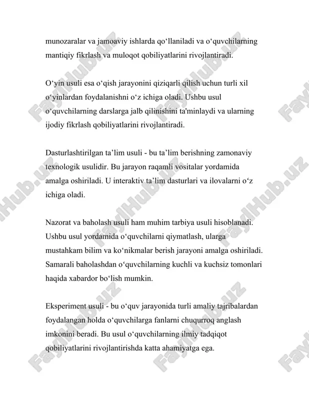 iyaviy ishlar, bu metodik asosda o'quvchilarning bilim va ko'nikmalari shakllanadi. 4. **rasmiy va norasmiy tashkilotlarda tarbiya** – rasmiy ravishda turli masalalar bo'yicha tashkil etilgan to‘garaklar, klublar, sport mashg‘ulotlari va shu kabilarda amalga oshiriladi. 5. **"ijtimoiy tarbiya"** – bu tarbiya ommaviy axborot vositalari, internet, kinofilmlar va boshqa ijtimoiy tarmoq vositalari orqali shakllanadi. uchinchidan, zamonaviy pedagogika fani tarbiya shakllarini samaradorlik darajasi bo‘yicha baholaydi. tarbiyaning samaradorligini oshirish uchun turli innovatsion metodlar va texnologiyalar tatbiq etiladi. masalan, interaktiv usullarni, ijodiy faoliyat turlarini qo‘llash orqali tarbiyaning sifatini oshirish ushbu metodlardan biridir. tarbiya shakllarining tasnifi qator fanlar kesimida tahlil qilinadi, jumladan psixologiya, sotsiologiya, pedagogika kabi fanlar bu jarayonning nazariy va amaliy jihatlarini o'rganadi. tarbiya usullarini takomillashtirish va yangilash orqali milliy qolipda yetuk insonlar tarbiyasi amalga oshiriladi. izchil va samarali tarbiya jarayonining amalga oshirilishi jamiyatning har bir a'zosi oldida turgan maqsadlarga erishishda muhim ahamiyat kasb etadi. tarbiya shakllari orasida bo'lgan muvofiqlik, ularning o‘zaro bog‘liqligi va bir-birini to‘ldirib …