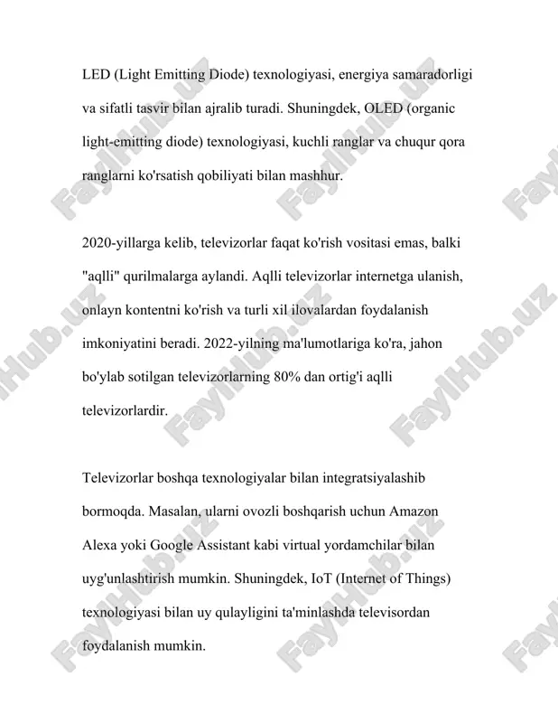 o‘z dasturlarini kengroq auditoriyaga taqdim eta boshladi. 2011-yilda o‘zbekistonda raqamli televideniyeni joriy etish ishlari boshlandi. 2012-yilga kelib, toshkent shahri va toshkent viloyatida raqamli televideniye signallari uzatiladigan bo‘ldi. o‘zbekiston milliy teleradiokompaniyasi o‘z dasturlarini zamonaviy texnologiyalarga asoslangan holda ishlab chiqara boshladi, bu esa tomoshabinlar sifatini oshirdi. 2015-yilda o‘zbekistonda raqamli televideniye uzatish tizimlari to‘liq ishga tushdi va borgan sari keng miqyosda foydalanila boshladi. 2020-yilga kelib, o‘zbekistonning deyarli barcha hududlarida raqamli televideniye signalidan foydalanish imkoniyati yaratildi. bugungi kunga kelib, o‘zbekistonda bir nechta davlat va xususiy telekanallar faoliyat yuritmoqda. shuningdek, internet platformalari orqali onlayn televideniyega kirish imkoniyatlari ham mavjud bo‘lib, bu televideniyening rivojlanishida muhim qadamlardan biri hisoblanadi. o‘zbekiston televideniyesi tarixida amalga oshirilgan bu kabi islohotlar va yangilanishlar uni mintaqada yetakchi televideniyelardan biri sifatida shakllanib, tomoshabinlar orasida katta obro‘-e'tiborga ega bo‘lishiga ko‘maklashdi. o‘zbekiston televideniyesi kelgusida ham texnologik yutuqlarni qo‘llagan holda o‘z faoliyatini kengaytirishni davom ettirishi kutiladi. 3. televideniye va milliy madaniyat "televideniye va milliy madaniyat" mavzusida …