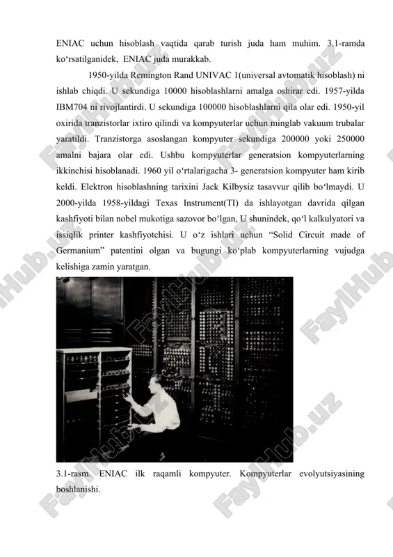 in yaratgan. 3.1-rasm. eniac ilk raqamli kompyuter. kompyuterlar evolyutsiyasining boshlanishi. 1971-yilda 4-avlod kompyuterlari paydo boʻldi, bu dasturlash jarayoni rivojlanishiga va saqlash xotirasi rivojlanishiga sabab boʻldi. 1980-yilda 5-avlod kompyuterlari sekundiga 3-5 mln amalni bajarishi bilan paydo boʻldi va bu 10-15 mlnga ham ortdi. 1975-yilda mits deb tanishtirilgan altait 8800 kompyuteri mikrokomputerlarning boshlanishiga sabab boʻldi. ushbu kompyuter xuddi katta kit sifatida birgalikda ishlar edi. uning dasturlari yoʻq edi va koʻp kompaniyalar ming dollar xarajat qilayotganda u kamroq xarajatlarni talab qildi. 1977-yilda commodore va radio shack ikkisi shaxsiy kompyuterlarini e’lon qildi. ular garajda kompyuter ixtiro qilgan stiv jobs va stiv wozniak bilan hamkorlikda ishlashdi. applening koʻp mahsulotlari 1979-yilda ishlab chiqarilishni boshladi va 1981-yilgacha ishlab chiqarildi hamda shaxsiy kompyuterlarning eng tezkori sifatida e’tirof etildi. 1982-yil avgustda ibm pc vujudga keldi va natijasi juda ajoyib boʻldi. dastlabki kompyuter 1980-yilda ishlab chiqilgan, biz bugungi kunda undan hisoblash, yangi va innovatsion texnologiyalar yaratish, inson tarmoqlari kompyuterlar va …