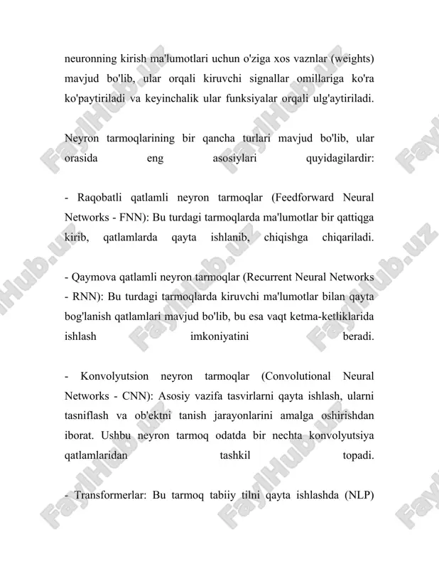 ga qarama-qarshi bog‘lanish ham mavjud. shu sababli, xopfill tarmog‘i simmetrik matritsaga asoslangan. xopfill neyron tarmog‘ining asosiy ishlash tamoyillari quyidagicha: 1. **tuzilishi:** xopfill neyron tarmog‘i to‘liq bog‘langan grafik shaklida tasvirlanadi. har bir neyron tomonidan har bir boshqa neyron bilan bog‘langan, lekin o‘z-o‘ziga emas. bu to‘liq bog‘langan grafik tarmoqda simmetrik vazn matritsasi ishlatiladi, unda uy-uy yuklamalari nolga teng. 2. **yozilgan ma'lumotlar:** xopfill neyron tarmog‘i jadvalda yozilgan ma'lumotlarni saqlash uchun ishlatiladi. har bir jadval bir holatini ifodalaydi va tarmoq bu holatlarni eslab qolishi mumkin. bu holatlar odatda asosan ikkilik qiymatlarda ifodalanadi, masalan, 1 va -1. 3. **energiya funksiyasi:** xopfill tarmog‘ida ishlash uchun asosiy matematik model energiya funksiyasidir. bu funksiya har bir holat uchun hisoblanadi va tarmoqning vazifasi minimal energiya holatini topishdan iborat. minimal energiya holati stabil holatdir va bu holatga erishilganda tarmoq tinchlanadi. 4. **boshqaruv mexanizmi:** xopfill tarmog‘i uzluksiz yoki diskret boshqaruv ostida ishlatilishi mumkin. diskret versiyada neyronlar ketma-ket yangilanadi, har bir yangilanishda …