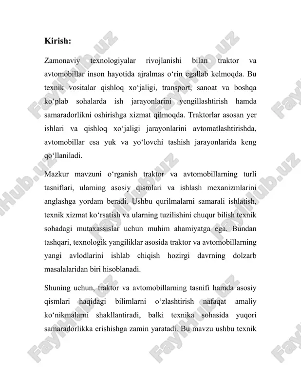 aligi texnikasi kabi maxsus maqsadlar uchun mo‘ljallangan. 2. **dvigatel turi bo‘yicha tasniflash:** - **ichki yonuv dvigatellari (yyd)**: benzin yoki dizel yoqilg‘isida ishlaydi. ko‘pchilik avtotransport vositalari ushbu dvigatel turlaridan foydalanadi. - **elektr avtomobillari**: to‘liq elektr energiyasida ishlaydi va atrof-muhitga zararli chiqindilar chiqarmaydi. - **gibrid avtomobillar**: elektr dvigateli va ichki yonuv dvigateli birikmasidan foydalanadi, yoqilg‘i samaradorligini oshirish va chiqindilarni kamaytirishga qaratilgan. - **vodorod yonuvchi dvigatellar**: vodorod-havo yonishini qo‘llaydi va ekologik toza hisoblanadi. 3. **o‘lchamlari va hajmiga ko‘ra tasniflash:** - **mikro avtomobillar**: juda kichik o‘lchamdagi avtomobillar, odatda ikki kishilik. - **kichik sinf avtomobillari**: nisbatan kichik o‘lchamdagi va arzon narxlardagi avtomobillar, masalan, xetchbeklar. - **o‘rta sinf avtomobillari**: o‘rtacha o‘lchamdagi va narxlardagi avtomobillar, masalan, sedan. - **yirik avtomobillar**: katta o‘lchamli, ko‘proq joy va qulayliklar taqdim etuvchi avtomobillar. bu turga suvlar kiradi. 4. **tovar modellari bo‘yicha tasniflash:** - har bir ishlab chiqaruvchi kompaniya o‘z modellari bo‘yicha avtomobillarni kategoriyalarga ajratadi. misol uchun, toyota kompaniyasining camry sedani, ford …