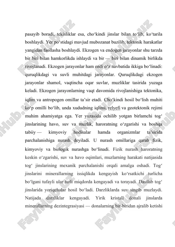 iz kislotalar yoki kuchsiz asoslar hosil qiladi. ion almashuv reaksiyalari gil minerallarida qatlamlararo va sirtqi ionlarning eritma ionlari bilan faol almashinishida sodir boʻladi. oksidlanish — bu kimyoviy reaksiya jarayonida elektron berishdir. nurash qobigʻi deb kimyoviy nurashga uchragan elyuviyga aytiladi. uning qalinligi pastki zonalar hisobiga, pastki zonalari esa tub jinslar hisobiga oshib boradi. nurash qobigʻining qalinligi 30 — 40 m ni tashkil etadi. baʼzan 100-200 m gacha yetishi mumkin. eng qalin nurash qobigʻi tropic va subtropiklarda boʻladi. choʻkindi jinslarda nurash qobigʻi uncha qalin boʻlmaydi, 5-10 m gacha yetishi mumkin. choʻkindi jinslar ayniqsa suv va karbonat angidritga boyigan boʻlsa, qisman yoki toʻliq erib, suv bilan chiqib ketadi. uning oʻrnida karst deb ataluvchi boʻshliq hosil boʻladi. maydonli nurash qobiqlari yirik maydonlarda qoplama shaklida rivojlangan boʻladi. ular tektonik tinch viloyatlardagi yassi togʻliklar va keng suvayirgʻichlardagi maydonlarda rivojlanadi. bu turdagi nurash qobigʻining qalinligi oʻnlab metrlarga boradi. choʻzinchoq nurash qobiqlari darzlashgan zonalar, turli tarkibdagi jinslar kontakti, …