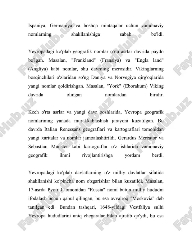 ining nomi kelib chiqishi aniq bo‘lmasa-da, kelt tilidagi "vedunia" so‘zidan kelib chiqqani mumkin degan nazariya mavjud. "vedunia" esa "o'tish joyi" yoki "daryo" ma'nolarini anglatadi. 9. **praga**: praga shahar nomi chex tilidagi "práh" so‘zidan kelib chiqqan bo‘lib, "daryo o‘zanidagi qum" degan ma’no beradi. 10. **amsterdam**: amsterdamning nomi "amstel" daryosi ustidagi to‘siqdan (dam) kelib chiqqan. "amstelredamme" nomi asta-sekin qisqa shaklga o‘tkazilib, hozirgi "amsterdam" shakliga keltirilgan. yevropadagi shaharlar nomlarining kelib chiqishi odatda ularning geografik joylashuvi, tarixiy jarayonlar va dastlabki aholisi bilan bog‘liqdir. ushbu etimologik ma'lumotlar yevropalik odamlarning tarixiy madaniy aloqalari va til rivojlanishi haqida qimmatli ma’lumotlarni beradi. bu barcha ma'lumotlar shaharlarning tarixi va ularning boy madaniy merosi haqidagi tushunchani chuqurlashtirishga yordam beradi. har bir nom o‘z ichida shaharlarning yanada chuqur va turli qirralarini aks ettiradi. 3. daryolar va ko'llar nomlari albatta, mana siz uchun 3. daryolar va ko‘llar nomlari haqida faqat ma'lumotlar va raqamlar. 1. daryolar: - amudaryo: o‘zbekistonning asosiy daryolaridan biri bo‘lib, …
