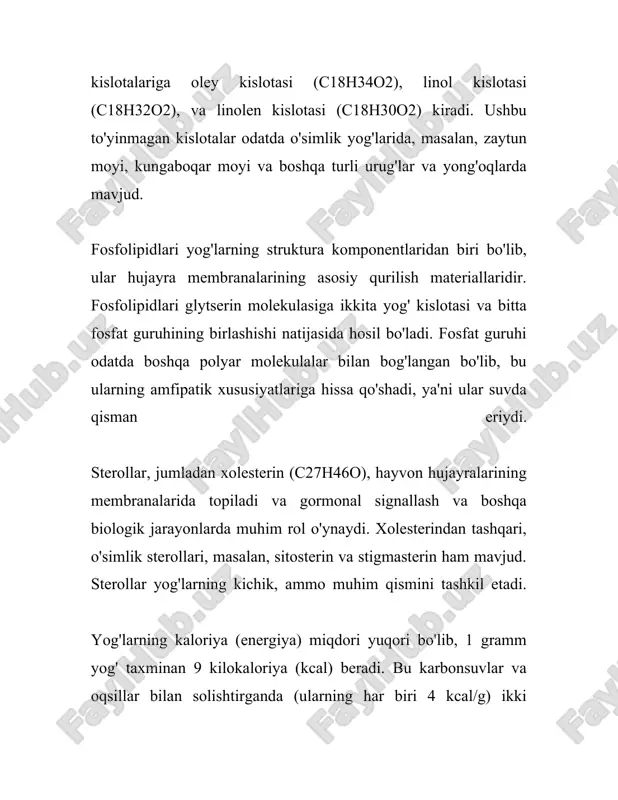 i oshiradi va hidlarni yo'q qiladi. 2. **bleykning**: bu usulda yog'larni tabiiy yoki kimyoviy adsorbentlar yordamida rangda tozalash amalga oshiriladi. masalan, faol koʻmir yoki boshqa maxsus mineral moddalardan foydalangan holda. 3. **filtrlash**: yog' tarkibidagi qattiq zarrachalar mexanik filtrlash orqali olib tashlanadi. bu usul yog'lardan oz miqdordagi aralashmalarni ajratish uchun ishlatiladi. 4. **parlanish va hidronizatsiya**: uzoqroq qaynashda yog'largiga kiruvchi vositalar bug'lash va hidronizatsiya yordamida ajratib olinadi. bu usul ko'proq sanoat miqyosida ishlatiladi. 5. **kristallizatsiya va fraktsiya ajratish**: ayniqsa, kakao va palma yog'lari kabi mahsulotlarda ma'lum fraktsiyalar, masalan, uglerod zanjirlarining turli xil qismlari, maqsadli ajratiladi. 6. **biologik toliq-tozalash**: bu jarayon biologik vositalar yordamida olib boriladi, bunda mikroorganizmlar va fermentlar vositasida yog'larning tozalanishi olib boriladi. zamonaviy bio-rafinirovka usullarida bu ko'proq ekologik toza usul ko'rib chiqiladi. yuqoridagi usullar har bir turdagi yog' uchun ularning xossalariga qarab turli kombinatsiyalarda qo'llanilishi mumkin. har bir usulning afzalliklari va cheklovlari mavjud. foydalanish maqsadiga qarab, yog'larni qayta ishlash nafaqat …