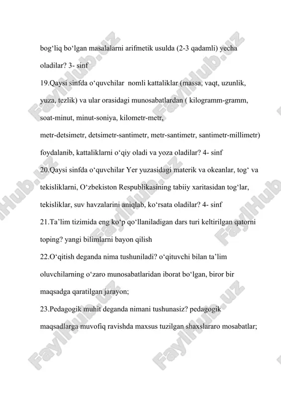 g guruhli (jamoaviy) turi deb ataladi? xv-xvi asrlar 19.qaysi alloma о‘zining «tadbiri manzil» nomli ilmiy asarining maxsus («bolalarni maktabda о‘qitish va tarbiyalash») bо‘limida ta’lim oluvchilarga jamoaviy о‘qitish haqida о‘z fikrini bayon etgan? abu ali ibn sino 20.bu darslari о‘quvchilarning bilish faoliyatini faollashtirishda, ilmiy dunyoqarashini kengaytirishda, ilmiy va ilmiyommabop adabiyotlar bilan mustaqil ishlash kо‘nikma va malakalarini orttirish, mustaqil hayotga ongli tayyorlashda muhim ahamiyat kasb etadi. bu qaysi dars turiga ta’rif berilgan? konferensiya 21.о‘quv dasturining ma’lum bir qismi (bob,1 bо‘lim yoki ayrim mavzu) о‘tib bо‘lganidan keyin 22.ta’lim oluvchining qiziqish va xohishlariga kо‘ra muayyan fan, predmet yuzasidan beriladigan ilmiy-nazariy bilimlarni chuqurlashtirish, ularda amaliy kо‘nikmalarni shakllantirish maqsadida tashkil etiladigan ta’lim shakli bu…? fakultativ mashg‘ulotlar 23.birinchi universitetlar paydo bо‘lishi bilan ta’limning qaysi shakli yuzaga kela boshlaydi? ma’ruza- seminar 24.tashkiliy qism, yangi mavzuni bayon qilish,о‘rganilgan materialni mustahkamlash va uy vazifasi bilan yakunlanadigan dars. bu qaysi dars tuzilishi? yangi bilimlarni bayon qilish darsining tuzilishi ; 25.doimo tashkiliy …
