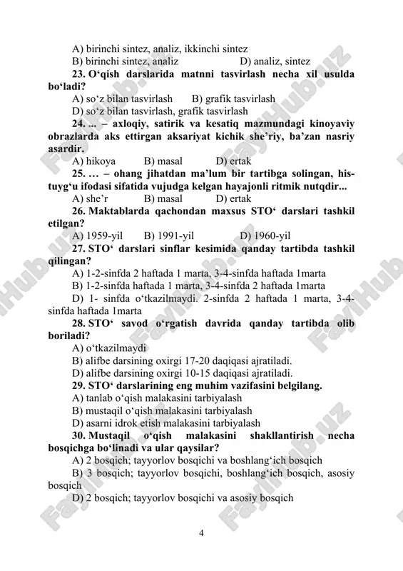 rakteriga asosan mashqlar qanday turlarga bo‘linadi? a) analitik, sintetik, taqqoslashga, guruhlashga, umumlashtirishga oid mashqlar b) morfologik mashqlar, sintaktik mashqlar d) analitik, sintetik mashqlar 1. boshlang‘ich sinflar ona tili dasturiga muvofiq so‘zning morfemik tarkibi dastlab nechanchi sinfda o‘rganiladi? a) 2-sinfda b) 3-sinfda d) 4-sinfda 1. qaysi sinfda “so‘z turkumi” tushunchasi shakllantiriladi? a) 2-sinfda b) 3-sinfda d) 4-sinfda 1. otlarning egalik va kelishiklar bilan o‘zgarishi qaysi sinfda o‘rganiladi? a) 2-sinfda b) 3-sinfda d) 4-sinfda 1. boshlang‘ich sinflarda qaysi mavzular o‘rganilmaydi? 1. gap. 2. darak gap. 3. so‘roq gap. 4. buyruq gap. 5. his-hayajon gap. 6. sodda gap. 7. gap bo‘laklari. 8. gapning uyushiq bo‘laklari. 9.undalmali gaplar. a) 7, 8, 9 b) 4, 5, 9 d) hammasi o‘rganiladi 1. gap mavzusi qaysi sinfda o‘rganiladi? a) barcha sinflarda b) 3-sinfda d) 4-sinfda 1. metodikada imloga oid mashqlar necha turga bo‘linadi? a) 5 tur b) 7 tur d) 8 tur 1. metodikada imloga oid mashqlarga …