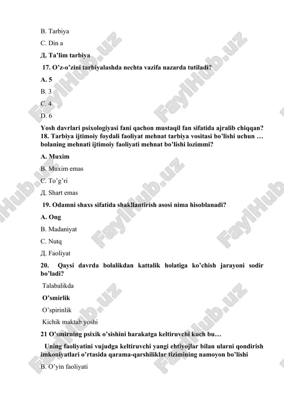 ’ladi. bu qaysi davrga to’g’ri keladi? ilk o’spirinlik ilk bolalik o’smirlik chaqaloqlik 36. prepubertat nima? balog’atga yetishdan oldingi davr balog’atga yetish davri balog’atga yetishdan keyingi davri qarilik davri 37. tajriba metodi birinchi bor kim tamonidan nechanchi yilda fanga kiritilgan? 1805-yilda j. peaje 1305-yil a.kant 1983-yil d.b. el`konin 1910-yil a.f. lazurskiy 38. anketa metodi qanday usulda o’tkaziladi va nechta guruhga bo’linadi? turli aqliy o’yinlar asosida, 2 turli ommaviy so’roq asosida 3 turli sinalovchining o’ziga bildirmagan xolda chetdan kuzatish 3 turli sinalovchi qiziqan fan asosida savollar berish orqali 5 turda 39. psixologiyada test metodini qaysi olimlar kashf qilgan? i.a. menchinskaya v.shtern a.bine, a.simon a.n.gvozdev, v.shtern 40. ilk o’spirinlik davr necha yoshlarni o’z ichiga oladi 16 yoshdan 17-18 yoshgacha 10 -11 yoshdan 13-14 yoshgacha 12 -13 yoshdan 15-16 yoshgacha 18 yoshdan keyingi davrlarni 41. kishilar psixikasini ommaviy so’rov asosida o’rganish qaysi metod orqali olib boriladi kompleks anketa test eksperiment 42. psixik xususiyatlarni tabiiy …