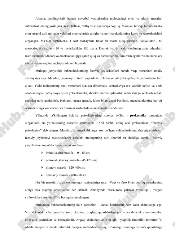 rishgan shaxslarning umumiy muammolarini echish bo‘ladigan bo‘lsa, muloqotning tashabbuskori bo‘lgan shaxsning ta’siri qanchalik adresatga - ta’sir yo‘naltirilgan kimsaga etib borishi katta amaliy ahamiyatga ega. shuning uchun ham olimlar muloqotning samaradorligi ko‘proq qaysi vositalarga bog‘liqligiga qiziqadilar. amerikalik olim mexrabyanning ma’lumotlariga ko‘ra, birinchi uchrashuvda biz boshqalardan kelayotgan noverbal signallarga 55%ga ishonamiz, ulardan ta’sirlanamiz; 38% - paralingvistik va 7%gina nutqning bevosita mazmuniga ishonamiz. shuning uchun ham obrazli tarzda “kiyimga qarab kutib olinadi, aqlga qarab kuzatiladi” deyiladi. keyingi uchrashuvlarda bu mutonosiblik, tabiiy, o‘zgaradi. albatta, paralingvistik hamda noverbal vositalarning muloqatdagi o‘rni va ulushi masalasi suhbatdoshlarning yosh, jins, kasb, hattoki, milliy xususiyatlariga bog‘liq. masalan, boshqa bir amerikalik olim argayl turli millatlar vakillari muomalasida qiliqlar va qo‘l harakatlarining kuchi va takrorlanishini o‘rgangan. ma’lum bo‘lishicha, 1 soat mobaynida finlar bir marta qiliq qilarkan, italiyaliklar - 80 marotaba, fransuzlar - 20 va meksikaliklar 180 marta. demak, har bir xalq vakilining asriy udumlari, rasm-rusmlari, odatlari va emotsionalligiga qarab qiliq va …