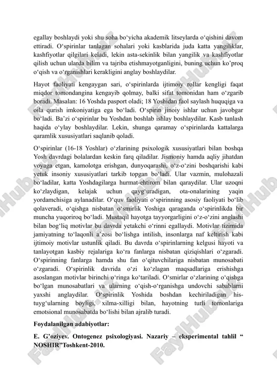 adi, ikkilamchi jinsiy belgilar rivojlanadi, bu hol yigit va qizlarning tashqi ko‘rinishida ham sezilarli o‘zgarish hosil qiladi. jinsiy etilish davrining tugallanishi hali jismoniy yetuklikni ham, buning ustiga psixik va ma’naviy yetuklikni ham anglatmaydi. faqat 18 yoshga borib, nikohdan o‘tishga ruxsat beriladigan davrda, shu yosh uchun minimal darajada zarur bo‘lgan jismoniy, ma’naviy, fuqarolik yetuklik darajasi boshlanadi. 18 yoshli yigit va qizlar jamiyat tomonidan katta yoshli kishilar deb e’tirof etiladi. ilk o‘spirinlik davrini ikkinchi o‘tish davri deb hisoblash mumkin. agar birinchi o‘tish davri ko‘proq bolalikka yaqin bo‘lsa, ikkinchi o‘tish davrida bo‘lgan o‘spirin ko‘proq yoshlik davriga yaqindir va shu jihatidan o‘rganiladi hamda tadqiq etiladi. ilk o‘spirinlik davri, asosan, unda mustaqil hayotning boshlanishi (o‘rta maktabni tamomlab, litsey, kollejlarga kirishi)bilan xarakterlanadi. hayotdagi bu o‘zgarishlar ilk o‘spirinning shaxsiga, o‘z-o‘zini anglashiga ta’sir ko‘rsatadi. o‘smirlardan farqli o‘laroq ilk o‘spirinlar katta hayotni tasavvur etmaydilar, balki unda ishtirok etadilar. ilk o‘spirinlarning mustaqilligi ortishi bilan kattalarning unga munosabatlari ham o‘zgaradi. kattalar …