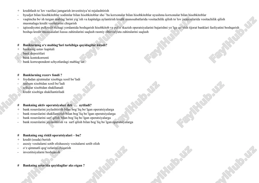 l quyidagi funksiyalarni bajaradi? + muomala vositasi - qiymat o`lchovi - jamg`arish vositasi - jahon puli # bozor riski? + bozor narxlari nomaqbul o‘zgarishi oqibatida ehtimolli zarar ko‘rilishi tufayli yuzaga keladi - ijarochining bankdan olgan mulkidan samarali foydalana olmasligi shuningdek shartnomada ko‘rsatilgan to‘lovni o‘z vaqtida amalga oshira olmasligi natijasida yuzaga keladi - bankning uchinchi shaxsdan sotib olgan qarzdorning majburiyatlari bo‘yicha to‘lovni o‘z vaqtida amalga oshira olmaslik natijasida yuzaga keladi - qimmatli qog‘ozlarning ayrim turlari hamda ssudalarning barcha kategoriyalari bo‘yicha zarar ko‘rish ehtimoli bilan bog‘liq holda yuzaga keladi # daromad keltirmaydigan aktivlarga? + qimmatli qog`ozlar pul aktivlari guruhi nomoddiy aktivlar - barcha berilgan kreditlar investitsiyalar qimmatli qog`ozlar - kredit depozit chet el valyutasi pul mablag`lari - pul aktivlari guruhi asosiy vositalar kapital xarajatlar barcha moddiy aktivlar nomoddiy aktivlar # depozit operatsiyalari qanday paydo bo’lgan? + bir kishi boshqa kishiga pulni ishonib berishi natijasida - savdogarlar boshqa davlatga borib pul almashtirishi natijasida …