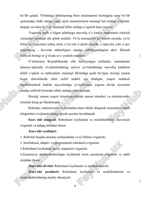 lari robotdagi analog fikrlash markaziy nerv sistemasi boshqarish sistemasi tashqi muhit bilan aloqa sezish organlari sezish elemantlari (datchiklar va sensorlar) ish va harakat qo‘l, oyoq va h. manipulyatorlar va harakatlanish qurilmasi hayot ta’minoti qon aylanish va hazm qilish organlari energiya manbalari robotlar manipulyatorlar deb ataladigan mashinlar sinfiga kiradi. manipulyatorlar – ko‘p zvenolardan iborat mexanizm bo‘lib, odam qo‘li harakatlarini imitatsiya qilishga mo‘ljallangan qurilmadir, u masofadan operator yoki programmali boshqarish sistemasi tomonidan boshqariladi. sanoat roboti (sr) - ishlab chiqarish jarayonida harakat va boshqaruv funksiyalarini bajarish uchun mo‘ljallangan bir nechta xarakatlanish darajasiga ega bo‘lgan manipulyator ko‘rinishidagi ijro qurilmasidan hamda qayta dasturlanuvchi dasturiy boshqaruv qurilmasidan tashkil topgan statsionar (qo‘zg‘almas) yoki ko‘chma avtomatik mashina. texnik adabiyotda bundan ham qisqaroq ta’rif uchraydi: canoat roboti (sr) - sanoatda ishlatishga mo‘ljallangan qayta dasturlanuvchi avtomatik manipulyator. robototexnik tizim deb, shunday texnikaviy tizimga aytiladiki, unda energiya, massa va axborotlar bilan bog‘liq o‘zgartirishlar va aloqalar sanoat robotlaridan foydalanilgan holda aks etadi. …