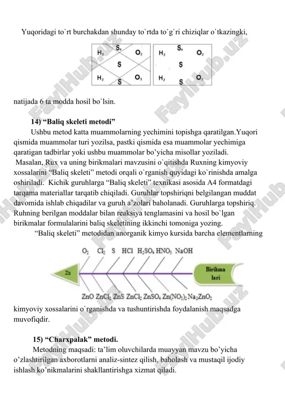 iy xossalarini o`rganishda va tushuntirishda foydalanish maqsadga muvofiqdir. 15) “charxpalak” metodi. metodning maqsadi: ta’lim oluvchilarda muayyan mavzu bo’yicha o’zlashtirilgan axborotlarni analiz-sintez qilish, baholash va mustaqil ijodiy ishlash ko’nikmalarini shakllantirishga xizmat qiladi. metodni amalga oshirish tartibi: ▪ o`quvchilar to’rt kishidan iborat kichik guruhlarga bo’linadi va ularga aniq mavzu bo’yicha tayyorlangan tarqatma materiallar tarqatiladi; ▪ berilgan harakat xususiyatlari ichidan o’zlari to’g’ri deb topgan xarakatni ko’rsatilgan kataklar ichiga maxsus belgilar (+, -, x, y) bilan belgilash tushuntiriladi; ▪ har bir guruh a’zosi individual tarzda ko’rsatilgan guruhlarning javoblarni belgilaydi va hqituvchi navbatdagi bosqichlarda varaqasini soat strelkasi tartibida almashtiradi; ▪ bu harakat to har bir guruhning dastlabki ishi o’ziga qaytib kelguniga qadar takrorlanadi. tarqatma materiallar o’z egalariga yetib kelganidan so’ng o’qituvchi to’g’ri javoblarni o’qib eshittiradi. trening yakunida o’qituvchi baholash mezonini o’qib eshittiradi va har bir o`quvchi o’z o’zini baholaydi. masalan, maktab kimyo kursi 9-sinfida ishqoriy metallar mavzusini mustahkamlshda “charxpalak” metodini qo`llanilishi. ▪ o`quvchilar to’g’ri javoblarni …