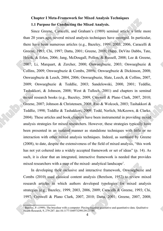 te their mixed analysis typologies: 1. rationale/purpose for conducting the mixed analysis 2. philosophy underpinning the mixed analysis 3. number of data types that will be analyzed 4. number of data analysis types that will be used 5. time sequence of the mixed analysis 6. level of interaction between quantitative and qualitative analyses 7. priority of analytical components 8. number of analytical phases 9. link to other design components 10. phase of the research process when all analysis decisions are made 11. type of generalization 12. analysis orientation 13. cross-over nature of analysis criterion 1: rationale/purpose for conducting the mixed analysis greene et al. (1989) conceptualized a typology for mixed methods purposes/designs that involves the following five purposes: triangulation, complementarity, development, initiation, and expansion. applying these to mixed analysis decisions, when triangulation is the rationale for conducting the mixed analysis, the researcher would compare findings from the qualitative data with …