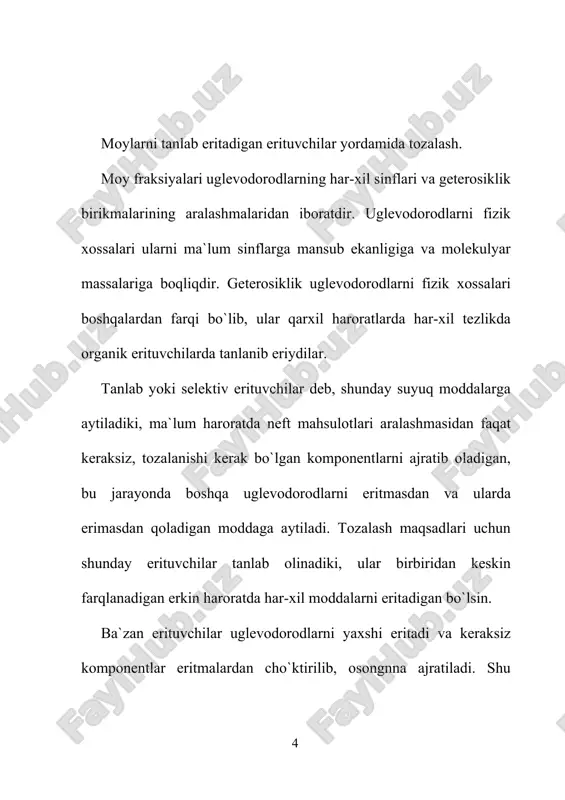 s production, transport, refining and petrochemical industry edition 3.0 oslo, august 2013. р.154 ] erituvchilar quyidagilarga javob berishi kerak: 1. erituvchi katta harorat oraliqida yaqqol ko`rinib turuvchi tanlab eritish xossasiga ega bo`lishi kerak. 2. erituvchi tozalanayotgan mahsulotda erimasligi kerak. 3. erituvchini va boshlanqich xom-ashyoni zichligidagi farqi katta bo`lishi kerak chunki, bunda faza tez ajraladi. 4. erituvchi xom ashyoga nisbatan kimyoviy barqaror, inert, zaharsiz, portlovchi emas va qurilmani korroziyaga uchratmasligi kerak. 5. erituvchi yengil va to`la regeneratsiyalanadigan bo`lishi kerak. buning uchun qaynash harorati moyning qaynash haroratidan past bo`lishi kerak. 2.1. neft moylarini fenol yordamida tozalashning texnologik sxemasi fenolni tanlovchanligi past xisoblansada lekin umumiy erituvchanlik qobiliyati yuqoridir. selektivlikni pastligi natijasida ekstrakt tarkibida moyning qimmatbaqo komponentlarni ham erib qolishi mumkin, deasfal'tizatga esa smola va asfal'tenlar o`tib ketadi. birinchi qodisada moyning % miqdordagi chiqishi kamaysa, ikkinchisida esa deasfal'tizatni sifati pasayadi. erituvchilarning tasnifi. qutbli erituvchilarning tabiati, uning tarkibi va molekulalar strukturasi tozalash jarayonining unumdorligiga ta`sir …