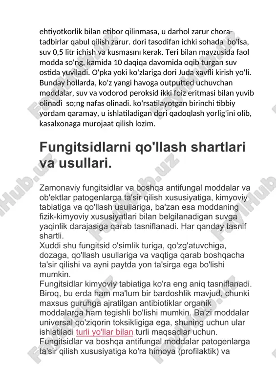 apevtik deb ataladi. himoya kontaktli fungitsidlar infektsiyani bostirishga qodir dozalarda o'simlikka kirmaydi, lekin uning yuzasida qoladi va u bilan bevosita aloqa qilganda patogenga ta'sir qiladi. ular asosan qo'ziqorinlarning reproduktiv organlarini inhibe qiladi va infektsiyani oldini oladi. turli qismlar o'simliklar (mevalar, barglar, poyalar, urug'lar) sirtdan. ularning ta'sir qilish muddati qayta ishlangan ob'ektlar yuzasida sarflangan vaqt bilan belgilanadi. himoya qiluvchi tizimli fungitsidlar o'simlik uchun xavfsiz bo'lgan konsentratsiyalarda kirib boradi yoki o'simlik tomonidan so'riladi va fungitsidni qo'llash joyidan uzoqda joylashgan qismlarga zarar etkazilishining oldini oladi. ular o'z harakatlarini bir necha usulda ko'rsatadilar: moddaning butun molekulasi fungitsid xususiyatlarga ega; moddaning parchalanish mahsulotlari (metabolitlari) harakat qiladi; modda yoki uning parchalanish mahsulotlari o'simlikda sodir bo'ladigan fiziologik va biokimyoviy jarayonlarga ta'sir qiladi, uning patogenlarga (immunizatorlar, tizimli psevdofungitsidlar yoki elitsitlar) chidamliligini oshiradi. ushbu dorilar asosan o'tli va yosh lignifikatsiyalanmagan o'simliklarga kiradi ildiz tizimi va transpiratsiya oqimi bilan ksilema bo'ylab akropetal yo'nalishda harakatlanadi. barglar tomonidan adsorbsiyalangan va floema yoki …