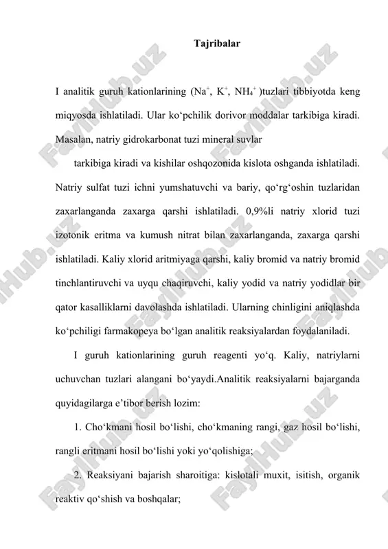 +2[hgj4]2-+4oh-=[ohg2nh2]j(ch)+7j-+3h2o sezgir reaksiya bo‘lib, juda kam miqdordagi ammoniy ionini ochish mumkin. reaksiyaga og‘ir metall tuzlari xalaqit beradi. reaksiyani bajarish probirkaga 1-2 tomchi ammoniy tuzi eritmasidan olib, 2 tomchi nessler reaktividan tomizing (bu reaksiyani buyum oynachasida ham bajarish mumkin) qizil-qo‘ng‘ir cho‘kma hosil bo‘ladi. agar ammoniy ioni kam bo‘lsa, eritma sariq yoki qo‘ng‘ir rangga bo‘yaladi. 9ilova yuqoridagi reaksiyalar asosida i guruh kationlarining reaksiyalari jadvali tuzildi. reagentlar kationlar na+ k+ nh4+ 1 2 3 4 mg(uo2)3(ch3coo)8 namg(uo2)3(ch3coo)9 sariq cho’kma k[sb(oh)6] na[sb(oh)6] oq cho’kma - - na3[co(no2)6] - k2na[co(no2)6] sariq cho’kma (nh4)2na[co(no2)6] sariq cho’kma na2pb[cu(no2)6] - k2pb[cu(no2)6] qora cho’kma (nh4)2pb[cu(no2)6] qora cho’kma кон, naoh - - isitish bilan nh3ajralib chiqadi k2[hgi4] va кон nessler reaktivi - - [hg2n]j h2o qizil-qo‘ng‘ir cho‘kma alangani bo‘yalishi sariq och binafsha - qizdirilganda qiyin uchuvchan qiyin uchuvchan parchalanadi 8-ilova i analitik guruh kationlari nh4+, k+, na+ № aniqlanadigan ion qo`shiladigan reaktiv kimyoviy reaksiyaning borishi kuzatiladi gan o`zgarishlar reaksiyaning bajarilishi …