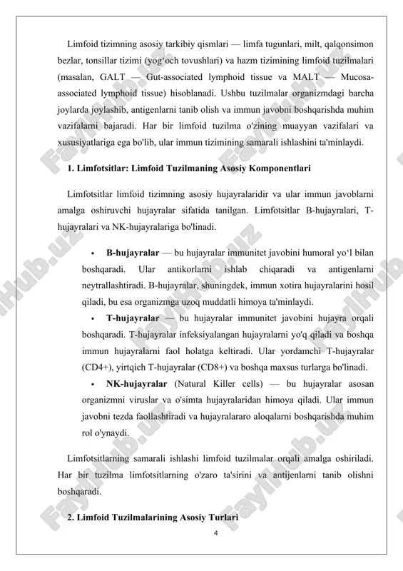 bo'lib, mahalliy immun javoblarni ta'minlaydi. 2.1. asosiy limfoid tuzilmalar asosiy limfoid tuzilmalar, asosan, limfotsitlarning ishlab chiqilishi va ularning yetilishida ishtirok etadi. ularga quyidagilar kiradi: · qalqonsimon bezlar: qalqonsimon bezlar limfotsitlar ishlab chiqaradigan organlar bo'lib, ular t-hujayralarining yetilishiga yordam beradi. ular organizmning umumiy immun javobini shakllantiruvchi asosiy tizimlardan biri sifatida muhim rol o'ynaydi. · milt: milt immun tizimining asosiy a'zolaridan biridir. u qon bilan bog'liq bo'lib, infeksiyalarni aniqlash va o'zaro immun javoblarni faollashtirish uchun zarur bo'lgan organik muhitni ta'minlaydi. miltning asosiy vazifalaridan biri qonning tarkibini filtrlash va zararlovchi organizmlarni yo'q qilishdir. · limfa tugunlari: limfa tugunlari limfotsitlarning to'planadigan joylaridir. ular limfa suyuqligini filtrlash, infeksiyalangan hujayralarni va patogenlarni aniqlash, va immun javobni faollashtirishga xizmat qiladi. limfa tugunlari butun organizm bo'ylab joylashgan va infektsiyaga qarshi kurashishda muhim rol o'ynaydi. 2.2. periferik limfoid tuzilmalar periferik limfoid tuzilmalar, asosan, organizmning shilliq qavatlari yoki organlarida joylashgan. ularga quyidagilar kiradi: · galt (gut-associated lymphoid tissue): galt hazm …