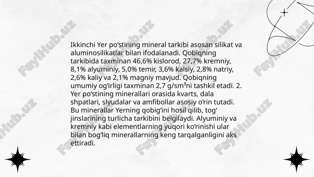 ulfat minerallar qatoriga gips (caso₄·2h₂o) va angidrit (caso₄) kiradi. gips ko'pincha qurilish materiallari uchun ishlatiladi. dengiz suvlarida va bug'lanish jarayonlarida sulfat minerallari tez-tez uchraydi. ba'zi sulfat minerallari gematit, limonit kabi oksidlar bilan assotsiatsiyalanadi. sulfat minerallari, shuningdek, tuz konlarida ham topilishi mumkin. bu minerallarning kristal tuzilishi va suvda eruvchanligi ularni iqtisodiy va geologik jihatdan muhim qiladi. ... t.me/slaydai_bot 10. gidroksid minerallari 10. gidroksid minerallari guruhiga kiruvchi minerallar tarkibida gidroksil (oh-) anioni mavjud. ushbu minerallar asosan gidr oksidlar sifatida tanilgan bo'lib, ularga getit (feo(oh)) va boksitning asosiy tarkibiy qismi bo'lgan diaspore (alo(oh)) kiradi. gidroksidlar suv va boshqa kimyoviy jarayonlar ta'sirida hosil bo'ladi. jumladan, gidroksid minerallari odatda sedimental jinslar va laterit tuproqlarda uchraydi. gidroksid minerallarining zichligi, qattiqligi va kimyoviy xossalari ularning tarkibi va strukturasiga bog'liq. masalan, getit minerali yer yuzasidagi temir rudalari orasida eng muhimlaridan biri hisoblanadi va alyuminiy ishlab chiqarishda keng qo'llaniladi. ... t.me/slaydai_bot 11. fosfat minerallari, asosan, apatite guruhiga kiruvchi minerallardan …