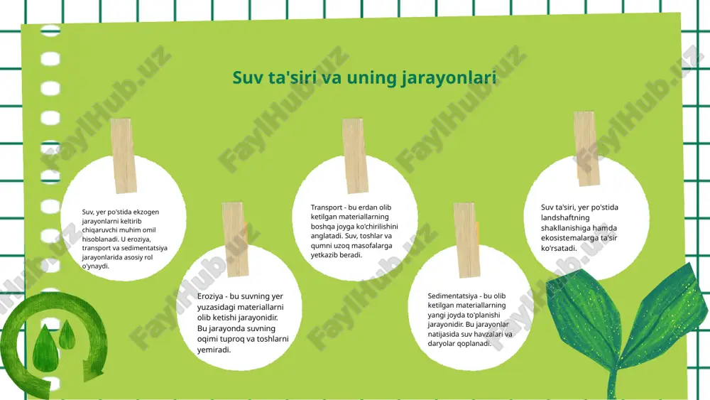 obig'ida silkinishlar va vulqonlar paydo bo'lishiga olib keladi. bu jarayonlar, masalan, vulqon faoliyatlari orqali yangi yer shakllarini yaratadi va ekotizimlarni o'zgartiradi. ushbu jarayonlarning ekologik oqibatlari jiddiy bo'lishi mumkin, chunki ular tuproqning unumdorligini o'zgartirishi, suv manbalarini tahdid ostiga qo'yishi va biodiversitetni kamaytirishi mumkin. jarayonlarning o'zaro ta'siri: misollar ekzogen va endogen jarayonlar birgalikda yer yuzasida ko'plab hodisalarni yuzaga keltiradi. masalan, yer silkinishi ob-havo sharoitlariga ta'sir ko'rsatishi mumkin. kuchli yer silkinishi natijasida tuproq siljishi paydo bo'lib, suv oqimlarining yo'nalishi o'zgaradi. bu jarayonlar iqlim o'zgarishiga olib kelishi mumkin. shuningdek, vulqon faoliyati ham ob-havoga ta'sir ko'rsatadi, masalan, vulqon tutunlari atmosferada haroratni o'zgartirishi mumkin. bu o'zaro ta'sirlar yer yuzasining ekologik va geologik tizimlarini shakllantiradi. xulosa ekzogen jarayonlar ekzogen jarayonlar ob-havo va suv ta'siri bilan bog'liq o'zgarishlarni keltirib chiqaradi. iqlim o'zgarishi ekzogen jarayonlarning kuchayishiga olib kelishi mumkin, bu esa tabiiy ofatlarni oshiradi. bu jarayonlar yer yuzasi shakllanishida muhim rol o'ynaydi. endogen jarayonlar endogen jarayonlar, masalan, yer silkinishlari …