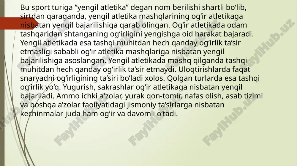 ning ish qobiliyatiga qo‘yilgan talab yurgandagiga nisbatan anchagina katta bo’ladi. chunki yugurganda a’zoyi badandagi mushak guruhlarining deyarli hammasi ishga tushadi, yurakqon tomir, nafas olish va boshqa tizimlar faoliyati kuchayadi, modda almashinish ancha oshadi. shug'ullanuvchilarning imkoniyatlariga qarab, masofa uzunligini va yugurish tezligini o‘zgartirish bilan ish miqdorini har xil qilish, odamning chidamliligi, tezkorligi va boshqa fazilatlari rivojlanishiga ta’sir o'tkazishi mumkin. masalan, unchalik tez emas, lekin uzoq vaqt yugurish (ayniqsa o'rmon yoki istirohat va bog’larda) ning gigiyenik ahamiyati katta bo'lib, bu sog'lomlashtirishning eng yaxshi vositalaridan biri hisoblanadi. yuqori tezlikda yugurish shug'ullanuvchilarga, xususan ularning yurak-qon tomir va nafas olish tizimlariga qo'yilgan talabni oshiradi va chidamlilikni rivojlantiradigan zo'r vosita bo'lib xizmat qiladi. juda katta tezlikda yugurish esa, tezlikni rivojlantirish uchun o'tkaziladigan maxsus mashg‘ulotlarga kiritiladi. yugurish bilan shug’ullanish jarayonida kishi irodasi mustahkamlanadi, o'z kuchini taqsimlay olish, to'siqlardan o‘ta bilish, ochiq joyda mo‘ljal ola bilish qobiliyati hosil bo'ladi. yugurish — har tomonlama jismoniy rivojlanishning asosiy vositalaridan biri. …
