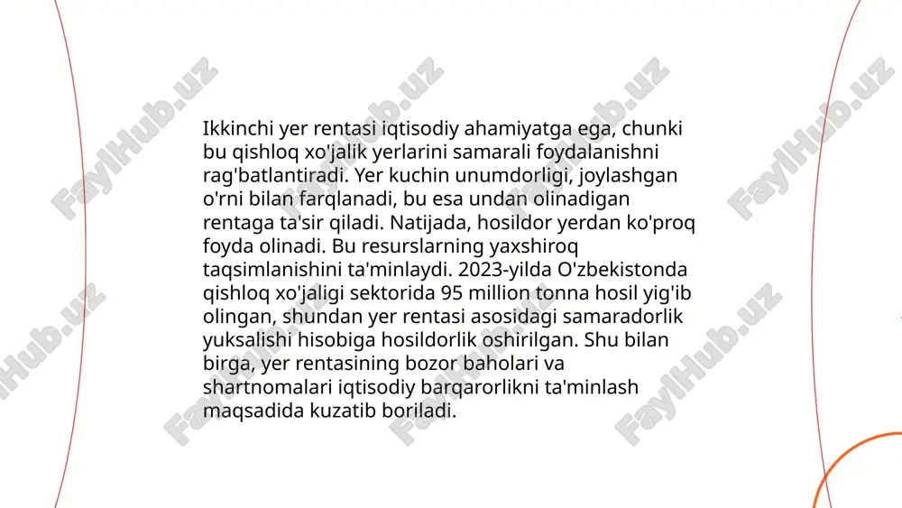 mkin. 2022-yilda o‘zbekiston qishloq xo‘jaligida yer rentasi o‘rtacha 1 gektar uchun 1 million so‘mni tashkil etdi. kengroq resurs va unumdor yerdan foydalanuvchi fermerlar rentani arzimagan xarajatlar evaziga ko‘paytirish imkoniyatiga ega. yerni ijaraga berish ham iqtisodiyotni rag‘batlantiradi, bu esa optimal foydalanishni ta'minlaydi. ... t.me/slaydai_bot 10. shaharlarda yer rentasi shaharlarda yer rentasi shaharning joylashuvi, infratuzilmasi va iqtisodiy rivojlanish darajasiga qarab o'zgaradi. toshkentda, masalan, yer rentasi markaziy hududlarda har bir kvadrat metr uchun o'rtacha 10-20 dollarga yetishi mumkin. boshqa shaharlarda, masalan, samarqand yoki buxoroda, bu qiymat kamroq bo'lishi mumkin, 5-15 dollar atrofida. rentaga ta'sir qiluvchi omillar orasida transport tarmog'i yaqinligi, savdo markazlari mavjudligi, ish o'rinlari, va ijtimoiy xizmatlarning sifati kiradi. ohangaron kabi kichik shaharlarda esa rentalar sezilarli ravishda pastroq bo'lib, har bir kvadrat metr uchun 2-5 dollar oralig'ida bo'lishi mumkin. ... t.me/slaydai_bot 11. yer rentasi va ijara huquqi bo'yicha quyidagicha ma'lumot berish mumkin: ishlab chiqarish maqsadida yerni ijaraga olish uchun tegishli tashkilotga ariza …