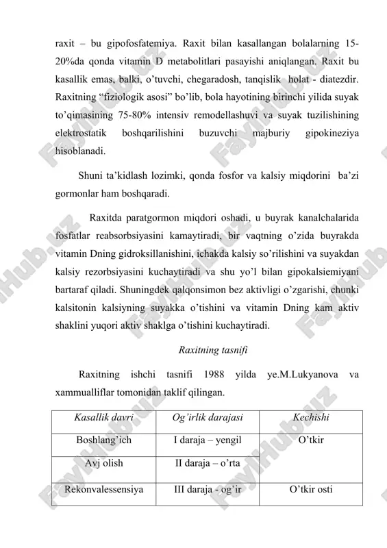 qo’zg’alishlarga qaltirash (qattiq shovqin, to’satdan yorug’lik tushishi). bolaning uyqusi yuzaki va qo’rquvli bo’lib qoladi. ter ajralishi kuchayadi, asosan boshning soch qismida va yuzda, turg’un qizil dermografizm aniqlanadi. ter nordon hidli bo’ladi va terini qichishtiradi. bola boshini yostiqga ishqalaydi, ensa sohasida soch to’kilishi paydo bo’ladi. bu yosh uchun xos bo’lgan mushaklar fiziologik gipertonusi, mushak gipotoniyasi bilan almashinadi. katta liqildoq chegaralari va kalla choklari mo’rtlashadi, suyak-tog’ay birikkan joyda qovurg’alar yo’g’onlashadi (“raxit tasmalari”). kaft suyaklari rentgenogrammasida suyak to’qimalarining siyraklashishi kuzatiladi. qon bioximik tekshiruvida kalsiy konsentratsiyasi normal yoki yuqori, fosfat konsentratsiyasi pasayganligi aniqlanadi; ishqoriy fosfataza aktivligi yuqori bo’lishi mumkin. peshob tahlilida fosfaturiya, ammiak va aminokislotalar miqdori ortadi. kasallikning avj olgan davri kasallikni avj olgan davri bola hayotining birinchi yarim yilligi oxiriga to’g’ri keladi va asab tizimi, tayanch-harakat apparatining yanada kuchliroq o’zgarishlari bilan xarakterlanadi. raxitning o’tkir kechishida yaqqol namoyon bo’luvchi osteomalyatsiya jarayoni kalla yassi suyaklarining yumshoqlanishiga olib keladi (kraniotabes), keyinchalik, ko’p hollarda ensaning yassilanishi kuzatiladi. …