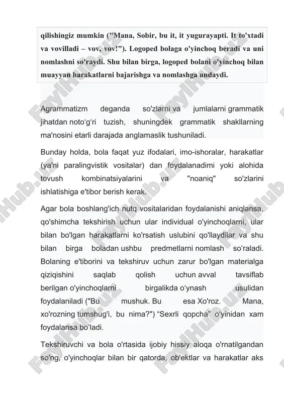 i. ularning umumiy so'zlar bilan birga qo‘llanilishi qayd etiladi; · bola tovushlar va tovush yig‘indilariga taqlid qila oladimi, logoped aytgan bitta bo'g'in, ikkita bo'g'in yoki butun so'zni ayta olishi; • bola tadqiqotchining talabiga javoban o'zining ovozli vositalaridan foydalanadimi yoki uni o'z tashabbusi bilan bajaradimi. shuningdek, ob'ektni, harakatlarni aniqlashda bola tashqi vaziyatga tayanish holati yoki u foydalanadigan tovush majmualari barqaror xarakterga ega ekanligiga ham e’tibor qaratilishi lozim. nomlash uchun predmet turli xil vaziyatlarda bolaga bir marta emas, balki bir necha marta taqdim etilishi kerak. taqdim etilgan buyumlar bir xil nomga ega bo'lishi va ayni paytda tashqi ko'rinishi jihatidan farq qilishi maqsadga muvofiq: o'lcham, rang, material (masalan, kiyim-kechak bilan ajralib turadigan katta va kichik qo'g'irchoq). bola so'zning ma'nosini qanchalik yaxshi o'zlashtirganligini bilish uchun, u bir xil ob'ektni turli xil so'zlar bilan, bir xil so'z turli xil ob'ektlarni (masalan, mashina, trolleybus, tramvay va boshqa joyga borish istagi – bibi so‘zi bilan aytilsa) anglatishini, …