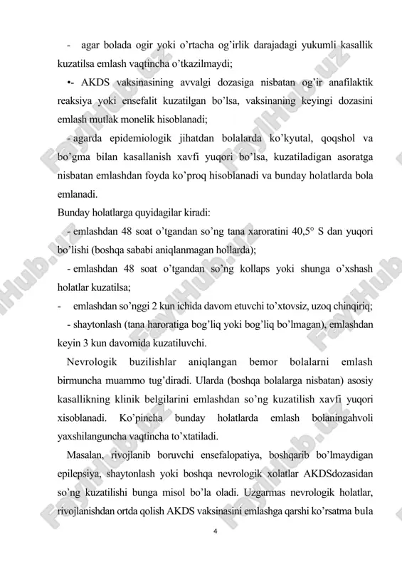 yuboriladi, keyingi emlashlar tirik oral vaksinani yuborish orkali davom ettiriladi. ilmiy manbalardagi ma’lumotlarga kura, poliomielit vaksinasi in’eksiya holida yuborilganda, asoratlar kuzatilishi qayd etilmagan.uni yuborgan joyda yengil reaksiya, birmuncha og’riq yoki qizarish kuzatilishi mumkin. emlashni ehtiyotkorlik bilan o’tkazish lozim bo’lgan holatlar va unga qarshi ko’rsatmalar bolada immun tanqislik holati bo’lsa (tug’ma yoki orttirilgan), tirik vaksina bilan poliomielitga qarshi emlash o’tkazilmaydi. agar poliemielitga karshi emlash olgan bola uyida immun tanqislik holati bo’lgan bemor bo’lsa, ularning mulokoti 4-6 haftagacheklanadi(vaksina virusini organizmdan chiqib ketish vaqti). qizamiqqa qarshi vaksina. vaksina tirik susaytirilgan qizamiq virusidan tayyorlanadi. hozirgi vaqgda uch tarkibdagi vaksinani (qizamiq,qizilcha va epid parotit) birgaliqda ko’llash keng tarqalgan.vaksina kurak yoki yelka kism teri ostiga yuboriladi. emlashda kuzatiladigan reaksiyalar va undan so’nggi asoratlar. ko’pincha emlashdan so’ng, 2-chi haftaning oxirida tana haroratining ko’tarshgashi (37-38° s va undan yuqori) kuzatiladi. allergiyaga moyilligi bo’lgan bolalarda esa emlashdan so’ng toshmalar paydo bo’lishi mumkin. ogir asoratlar juda kam hollarda uchraydi. haroratga …