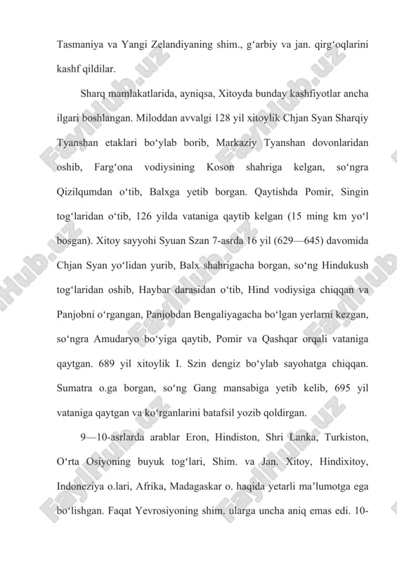 agi, axtuba orqali oltin oʻrda poytaxti saroy berkaga borgan. keyin xorazmga, buxoro, samarqandga oʻtgan. jan.ga burilib amudaryodan oʻtgan, hindukush togʻlaridan oshib, hind vodiysiga, panjobga, dehliga borgan. 1342 yil xitoyga bora turib jan. hindiston, shri lanka, maldiv o.lariga oʻtgan, undan xitoyga, tayvan o.ga borib, 1349 yil vataniga qaytgan. soʻng ispaniyaga borgan. niger daryosi oʻrta oqimiga, air, axaggar togʻliklariga (sahroi kabirda) borgan. hammasi boʻlib (quruqlikda va suvda) 130 ming km yoʻl bosgan. u sayohat qilgan mamlakatlar haqida muhim maʼlumotlar qoldirgan. turkistondan ham jahon geografiya faniga buyuk hissa qoʻshgan olim va sayyohlar chiqqan. bulardan muhammad ibn muso alxorazmiy "surat alarz" "yer tasviri" asarini yozgan, 7 iqlimga taʼrif bergan, 537 ta joy nomini yozib qoldirgan. abu rayhon beruniy 1016 yilda sharkda dastlabki geografik globusni yaratdi. yer aylanasini anik, oʻlchadi, dunyo haritasini tuzdi, gʻarbiy yarim sharda quruqlik borligini bashorat qiddi. nosir hisrav magʻrib shahriga, jan.da nubiya choʻli, makkagacha, sharkda moʻlton va lohur shaharlariga borgan, 15 …