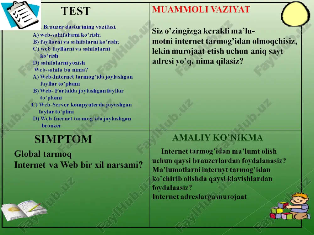 nt bog’lanadi va ushbu abonentlar orasida so‘zlashuv (ma’lumot almashinish) amalga oshiriladi. ya’ni ikkita harakatlanuvchi abonentning mobil telefonlar orqali o‘zaro muloqoti - so‘zlashuvdir. mobil internet – harakatdagi abonentlar uchun mobil aloqa tarmoqlari orqali internet resurslaridan foydalanish texnologiyasi. mobil aloqa tarmoqlarida so‘rovlar va so‘zlashish ma’lumotlari axborotlarning paketli ko‘rinishida uzatiladi. bunda yuqori darajali xizmatni amalga oshirish, ayniqsa biznesni samarali boshqarish imkoniyati yaratiladi. mobil internetning qulayligi shundan iboratki, bunda foydalanuvchining qayerda va qanday holatda bo‘lishidan qat’iy nazar u mobil aloqa tarmog’i orqali internet xizmatlaridan foydalanishi imkoniyatiga ega bo‘ladi. mobil internet xizmatidan foydalanish uchun maxsus simsiz modem qurilmasi yoki ushbu xizmat yoqtirilgan mobil telefon bo‘lishi kerak. mobil pochta - -internet resurslaridan foydalangan holda abonentning mobil telefoni orqali shaxsiy elektron pochta xizmatidan foydalanish imkoniyati. bunda internet tarmog’i yordamida oddiy elektron pochta xizmatidan foydalish kabi mobil telefonlar yoki boshqa mobil aloqa vositalari orqali ixtiyoriy vaqtda ixtiyoriy joyda elektron pochta xizmatidan foydalanish, ya’ni pochta xabarlarini olish, o‘qish va …