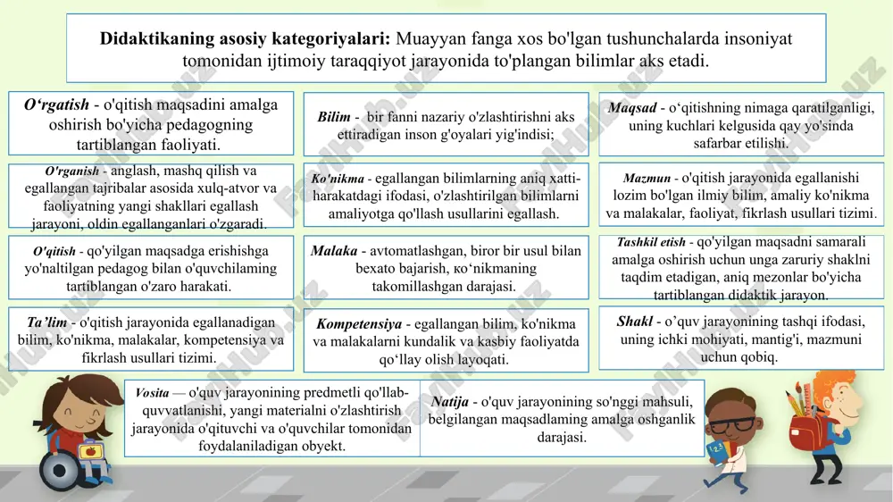 lari aniqlab beradi. inson o‘zini o‘zicha emas, faqat aniq belgilangan etalon (o‘rtacha. namuna, standartlashgan)dagi bilish yoki xulq-atvor sohibi sifatidagina baholaydi. texnokratik paradigma sharoitida o‘quv-tarbiya jarayonining istalgan natijasi «ha - yo‘q», «biladi - bilmaydi», «tarbiyali - tarbiyasiz», «egallagan - egallamagan» tizimida baholanishi mumkin. bu yerda tayyorgarlik, ma’lumotlilik, tarbiyalanganlik darajasi tekshirib aniqlanadigan qandaydir etalon, ideal mavjud bo‘ladi. ezoterik paradigma bu bizning sayyoramizdagi eng qadimiy ta’limiy paradigmalardan biri. mazkur so‘zning yunonchadan so‘zma-so‘z tarjimasi «sirli», «yashirin» ma’nolarini bildiradi. uning mohiyatini abadiy va o‘zgarmas haqiqatga munosabat tashkil etadi. ushbu paradigma tarafdorlarining fikricha, haqiqatni shunchaki bilish mumkin emas, unga vijdon pokligi orqali erishish mumkin. pedagogik faoliyatning oliy maqsadi o‘quvchining tabiiy kuch va imkoniyatlarini yuqori darajadagi ongga ega bo‘lish, kosmos bilan muloqot uchun sarf etish va rivojlantirishda namoyon bo‘ladi. shuning uchun o'qituvchining muhim muhofaza qiluvchi funksiyasi ta’lim oluvchilarning axloqiy, jismoniy, psixik tayyorgarligini amalga oshirish va mavjud kuchlarini rivojlantirishdir. o‘qitish - o‘qituvchi va о‘quvchilarning maqsadga qaratilgan birgalikdagi faoliyati …