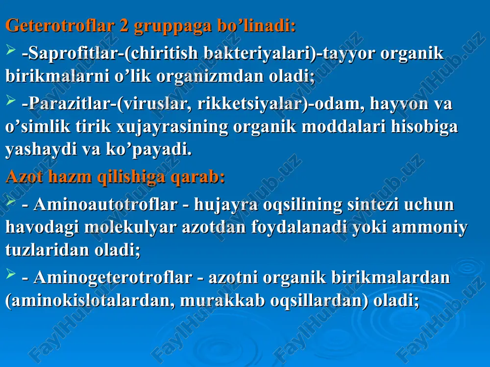 stensiyasiga ko’ra – quruq, nam, cho’ziluvchan, yumshoq, pastasimon; yuzasi –tekis, silliq, ko’tarilgan,qabariq, burishgan,chizilgan, yassi, bir oz ko’tarilgan, botgan; qirrasi – tekis, butun, to’lqinsimon, shokillasimon, emirilgan, tolali, buralgan koloniya turlari suyuq oziqli muhitda bakteriyalar quyidagicha oʼsadi: diffuz loyqalanib choʼkma hosil qilib yuzasida parda hosil qilib probirka devoriga yopishib bulonda paxtaga oʼxshab bulutsimon loyqalanib o’sadi. suyuq oziqli muhitda bakteriyalarni o’sishi bakteriyalarni oziqli muhitda sof xolatda ajratib olish kerak. sof hosila (kultura) – bitta mikrobdan tashkil topgan kulturaga aytiladi. buning uchun tekshiriluvchi material oziqli muhitlarda qayta – qayta ekiladi. sof hosilani xususiyatlarini oʼrganishga identifikatsiya deyiladi b. anthracis sof hosilasi identifikatsiyada bakteriyalarning quyidagi xususiyatlari oʼrganiladi: morfologiyasi (shakli) tinktorial xususiyati (boʼyalishi) kultural xususiyati (oziqli muhitda oʼsishi) biokimyoviy xususiyati (saxarolitik va proteolitik fermentlar) аntigenlik xususiyati patogenlik xususiyati va boshqalar. sof hosilani ajratib olish usullari drigalskiy usuli. qizdirish usuli (sporali bakteriyalarda) shukevich usuli (qiyshiq agarda) baktetiostatik usul (haroratga bog’liq) boyituvchi usul (elektiv oziqli muhitlarda) laboratoriya hayvonlariga yuqtirish …