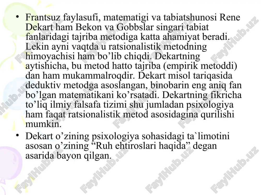 ini inkor etib, bilimlarning manbai individning hayotiy tajribasi deb biladi. tajribaning o’zida esa lokkning fikricha, ikkita manba bor: sezgi va refleksiya. sezgi ob`ektdagi, tabiatdagi barcha moddiy narsalar bo’lib, ularning mahsuloti fikrlardir. ya`ni “biz sariq, oq yashil, issiq, sovuq, yumshoq, qattiq, shirin, achchiq va boshqalar haqidagi fikrlarni shu manba orqali olamiz” deb hisoblaydi j.lokk. j.lokk tajriba manbalarini o’zaro farqlasada, ularni bir-biridan ajratmaydi. uning fikricha, sezgi bilimning boshi, refleksiya sezgi asosida paydo bo’ladi. buni u shunday ta`riflaydi: “aqlda birorta narsa ham yo’qki, u sezgida ham mavjud bo’lmasa”. j.lokka ko’ra, fikrlar 2 xil, oddiy va murakkab, bo’ladi. oddiy fikr faqat bitta bo’ladi. oddiy fikr faqat bitta tushunchani o’zida saqlaydi. boshqa fikrlar parchalanmaydi. murakkab fikrlar oddiy fikrlarni qo’shish, taqqoslash, umumlashtirish va abstraktlashtirish natijasida paydo bo’ladi. oddiy fikrlar yig`indisi ongni tashkil etadi. murakkab fikrlarning hosil bo’lish manbalaridan biri sifatida j.lokk assotsiatsiyani keltiradi. u birinchi bo’lib “fikr assotsiatsiyasi” degan atamani kiritadi. bilimlarimiz – deydi, j.lokk barcha …