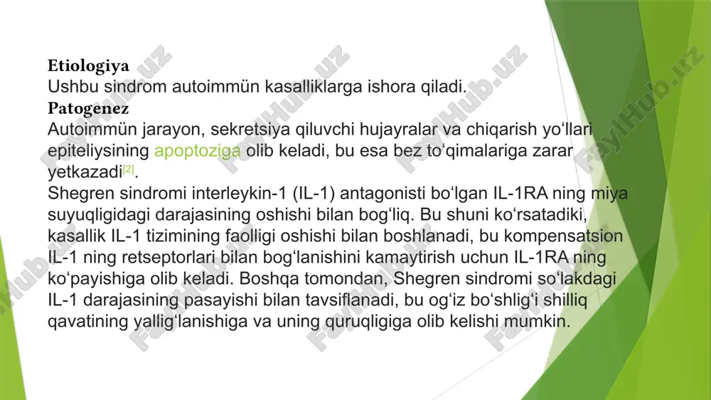 bilan 1 % suvli glitserin eritmasi boʻlgan plastik pulverizator shishasi ishlatiladi. shegren sindromi bilan karies xavfi ortadi, shuning uchun ehtiyotkorlik bilan stomatologik parvarish kerak. nostreoid yalligʻlanishga qarshi dorilar mushak-skelet tizimining belgilarini davolash uchun ishlatilishi mumkin. jiddiy asoratlari boʻlgan bemorlarga kortikosteroidlar, immunosupressiv dorilar va baʼzan tomir ichiga immunoglobulinlar yuborilishi mumkin. shuningdek, metotreksat, gidroksiklorokin (plakvenil) yordam beradi. prognozi shegren sindromi barqaror holatga oʻtish, bosqichma-bosqich rivojlanish yoki aksincha, uzoq muddatli remissiya bilan muhim organlarga zarar yetkazishi mumkin. bu xatti-harakat boshqa autoimmün kasalliklarga ham xosdir. baʼzi bemorlarda quruq koʻzlar va ogʻizning yengil belgilari boʻlishi mumkin, boshqalari esa jiddiy asoratlarni rivojlantiradi. baʼzi bemorlarga simptomatik davolash toʻliq yordam beradi, boshqalari doimo koʻrishning buzilishi, koʻzlardagi doimiy noqulaylik, ogʻiz boʻshligʻining tez-tez takrorlanadigan infeksiyalari, quloq atrofi soʻlak bezining shishishi, chaynash va yutishda qiyinchiliklar bilan doimo kurashishlari kerak. doimiy kuch yoʻqotish va boʻgim ogʻriqlari hayot sifatini jiddiy ravishda pasaytiradi. baʼzi bemorlarda buyraklar patologik jarayonda ishtirok etadi — glomerulonefrit, proteinuriyaga, buyraklarning …