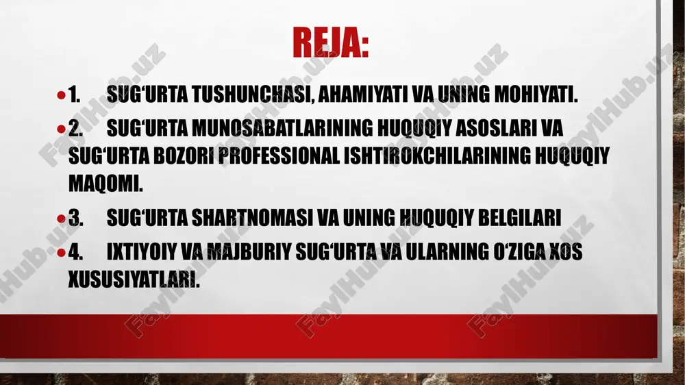 lish boshqa shaxslarning hayoti, sogʻligi, mol-mulkiga zarar yetkazilishi oqibatida yuzaga keladigan majburiyatlar yuzasidan javobgarlik xavfini sugʻurta qilish shartnomasi boʻyicha sugʻurtalash mumkin. zarar yetkazilganlik uchun javobgarlik xavfi sugʻurtalangan shaxs sugʻurta shartnomasida koʻrsatilishi lozim. agar ushbu shaxs koʻrsatilmagan boʻlsa sugʻurta qildiruvchining oʻzining javobgarligi xavfi sugʻurtalangan hisoblanadi. shaxsning sugʻurta shartnomasi ushbu shartnoma boʻyicha sugʻurtalovchi sugʻurta qildiruvchi toʻlaydigan shartnomada shartlashilgan haq(sugʻurta mukofoti) evaziga oʻzini yoxud boshqa shaxsning hayoti va sogʻligiga yetkazilgan zarar. u muayyan yoshga toʻlgan yoxud sugʻurta hodisasi roʻy bergan hollarda sugʻurta pulini bir yoʻla yoxud vaqti vaqti bilan talab turish majburiyatini oladi. sugʻurtalangan deb hisoblanmaydigan shaxs foydasiga faqat sugʻurtalangan shaxsning yozma roziligi bilan shaxsning sugʻurta shartnomasi tuzilishi mumkin. majburiy sugʻurta qonunda quyidagilarni sugʻurta qilish majburiyatini belgilash mumkin: boshqa shaxslarning hayoti sogʻligi yoki mol mulkka zarar yetkazilishi oqibatida boshqa shaxslar bilan tuzilgan shartnomalarning buzilishi oqibatida yuzaga kelishi mumkin boʻlgan oʻzining fuqaroviy javobgarligi xavfi fuqaroga oʻz hayoti yoki sogʻligini sugʻurtalash majburiyati qonun bilan yuklatilishi …