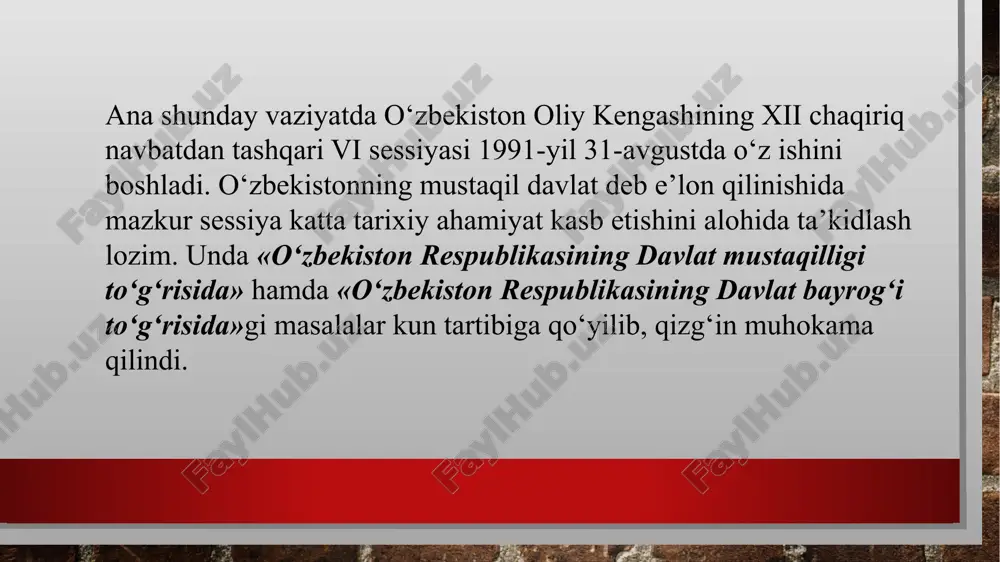 nti saylovi to‘g‘risida»gi qonuni, shuningdek, «o‘zbekiston respublikasi prezidenti saylovini tayinlash to‘g‘risida» qaror qabul qilindi va o‘zbekiston respublikasi prezidenti saylovi 1991-yil 29-dekabr, yakshanba kuniga belgilandi. o‘zbekiston respublikasi prezidenti saylovini o‘tkazishga tayyorgarlik ko‘rish va uni o‘tkazish o‘zbekiston respublikasi xalq deputatlari saylovini o‘tkazuvchi markaziy saylov komissiyasining zimmasiga yuklandi. saylovga puxta tayyorgarlik ko‘rildi. 13 ta okrug va qariyb 7 mingta uchastka saylov komissiyalari tuzildi. oliy lavozimga ikki nomzod – o‘zbekiston xdp va o‘zbekiston kasaba uyushmalari federatsiyasi nomzodi i.a. karimov va «erk» demokratik partiyasi vakili saloy madaminov (muhammad solih) nomzodi qo‘yildi. e`tiboringgiz uchun rahmat image3.jpeg image4.jpeg image5.emf image6.jpeg image7.emf image8.emf /docprops/thumbnail.jpeg