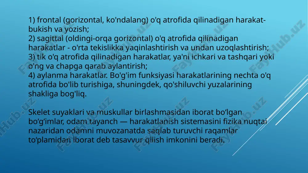 irning to‘rtta turi farqlanadi: cho‘zilish, qisilish, bukilish va buralish. cho‘ziladigan ko‘ndalang kuch paytida, suyak 150 n/mm2 kuchlanishga bardosh beradi. shu narsa aniqlanganki, suyakni cho‘zilishga bo‘lgan mustahkamligi dub daraxtinikiga nisbatan kattaroq. siqilish paytida, suyaklaming mustahkamligi yanada yuqori: eng katta suyak - katta boldir suyagi - 27 nafar odamlaming og‘irligini ko‘taradi. siqilishning chegaraviy kuchi 16 000 - 18 000 n tashkil qiladi. bukilish paytida, odamning suyaklari xuddi shunday katta yuklamalarga bardosh beradi. masalan, son suyagini sindirish uchun 12 000 n (1,2 t) kuchlar etarli emas. deformatsiyaning bunday turi kundalik hayotda ham sport amaliyotida ham keng uchraydi. masalan, qo‘llaming segmentlari sport halqalarida “xoch” holatini ushlab turish paytidagi bukilishda deformatsiya bo‘ladi. harakat paytida suyaklar nafaqat cho‘ziladi, qisiladi va bukiladi, balki buraladi ham. masalan, yurish paytida buraladigan kuchlarning momentlari 15 nm gacha etishi mumkin. ushbu kattalik suyaklar mustahkamligi chegarasidan bir necha marta kichkina: misol uchun katta boldir suyagini parchalanishi uchun buraladigan kuchning momenti 30 140 …