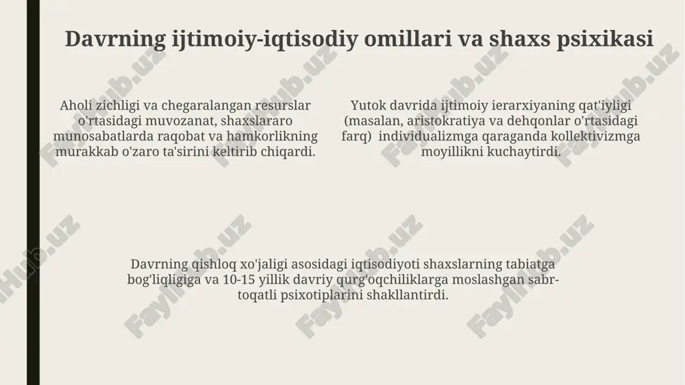 tik tahlil qilish orqali davr aholisining his-tuygʻulari, qadriyatlari va dunyoqarashi haqida 5 ta asosiy xulosaga kelish mumkin. arxeologik topilmalar va yozma manbalarning tarkibiy tahlili orqali 300 dan ortiq yodgorliklarni oʻrganish natijasida davrga xos boʻlgan ijtimoiy-psixologik normalar aniqlanadi. qobiliyat va iste'dodlarning rivojlanishi yutok davrida bolalarning 70% ga yaqini 5 yoshga kelib, nozik motorikasi va ijodiy qobiliyatlarini namoyon qilgan, bu esa o'yinlar va amaliy mashg'ulotlar orqali rag'batlantirilgan. yutok davrida aqliy qobiliyatlari yuqori bo'lgan bolalarning 10% ga yaqini murakkab mantiqiy vazifalarni bajarishda yuqori natijalarga erishgan, bu ularning intellektual rivojlanishining yuqori darajasini ko'rsatadi. musiqa, raqs va tasviriy san'at kabi sohalarda iste'dodli bolalar soni taxminan 15% ni tashkil etgan bo'lib, ular maxsus ta'lim dasturlari yordamida qo'llab-quvvatlangan. ish va mehnat psixologiyasi йирик саноат корхоналаридаги иш шароити ва монотонлик ҳолатлари стресс, чарчоқ каби психологиявий муаммоларни келтириб чиқарган ва бу ҳолат ишга бўлган қизиқишнинг пасайишига, ҳатто ишдан бўшашга сабаб бўлган. ушбу даврдаги аёлларнинг ишга жалб этилиши уларнинг психологик …