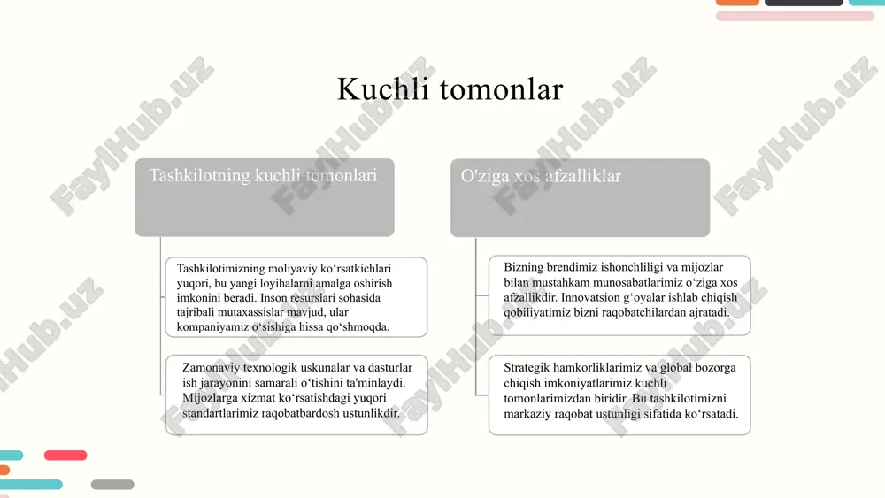 aholash imkonini beradi. qiymat zanjirida samaradorlikni o'lchash, har bir bosqichda xarajatlar va foydalarni tahlil qilish orqali amalga oshiriladi. o'lchovlar va ko'rsatkichlar sifatida rentabellik, xizmat ko'rsatish tezligi, va xarajatlarni optimallashtirish kabilar ko'rib chiqiladi. qiymat zanjiri va raqobatbardoshlik qiymat zanjiri raqobatbardoshlikni oshirishda muhim rol o'ynaydi. u tashkilotning barcha jarayonlarini birlashtirib, xarajatlarni kamaytiradi va samaradorlikni oshiradi. raqobatbardoshlik va qiymat zanjiri o'rtasidagi bog'lanish, xarajatlarni optimallashtirish va iste'molchilarga qo'shimcha qiymat taqdim etish orqali amalga oshiriladi. bu jarayonlar o'zaro bog'liq bo'lib, bir-birini to'ldiradi. asosiy strategiyalar: - xarajatlarni qoplash va raqobatni kuchaytirish - innovatsiyalar va yangi mahsulotlar ishlab chiqish - mijozlar ehtiyojlarini o'rganish va ularga mos xizmatlar taklif qilish. qiymat zanjirining kichik bizneslar uchun ahamiyati - kichik bizneslar uchun qiymat zanjiri samaradorlikni oshirishda muhim rol o'ynaydi. - u mijozlarga qo'shimcha qiymat taklif etish imkonini beradi. - qiymat zanjiri tahlili orqali resurslarni yaxshiroq boshqarish mumkin. - misollar: kichik restoranlar o'z taomlarining sifatini oshirib, mijozlar bazasini kengaytira oladi. - …